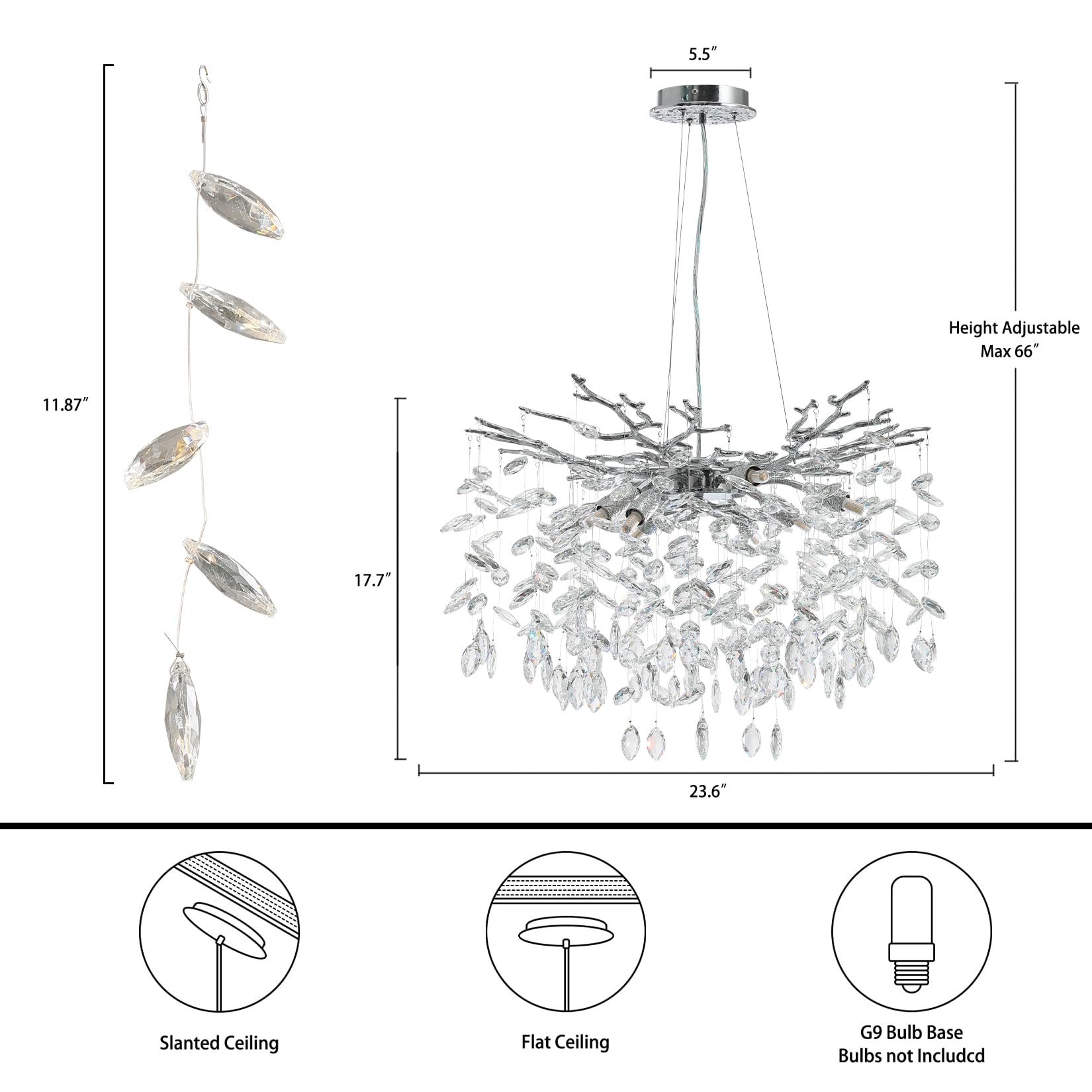 Yuyi Modern Crystal Chandelier 47'' Silver Tree Branch Chandelier For Dining Room, 18-Lights Round Raindrop Chandeliers For Livi