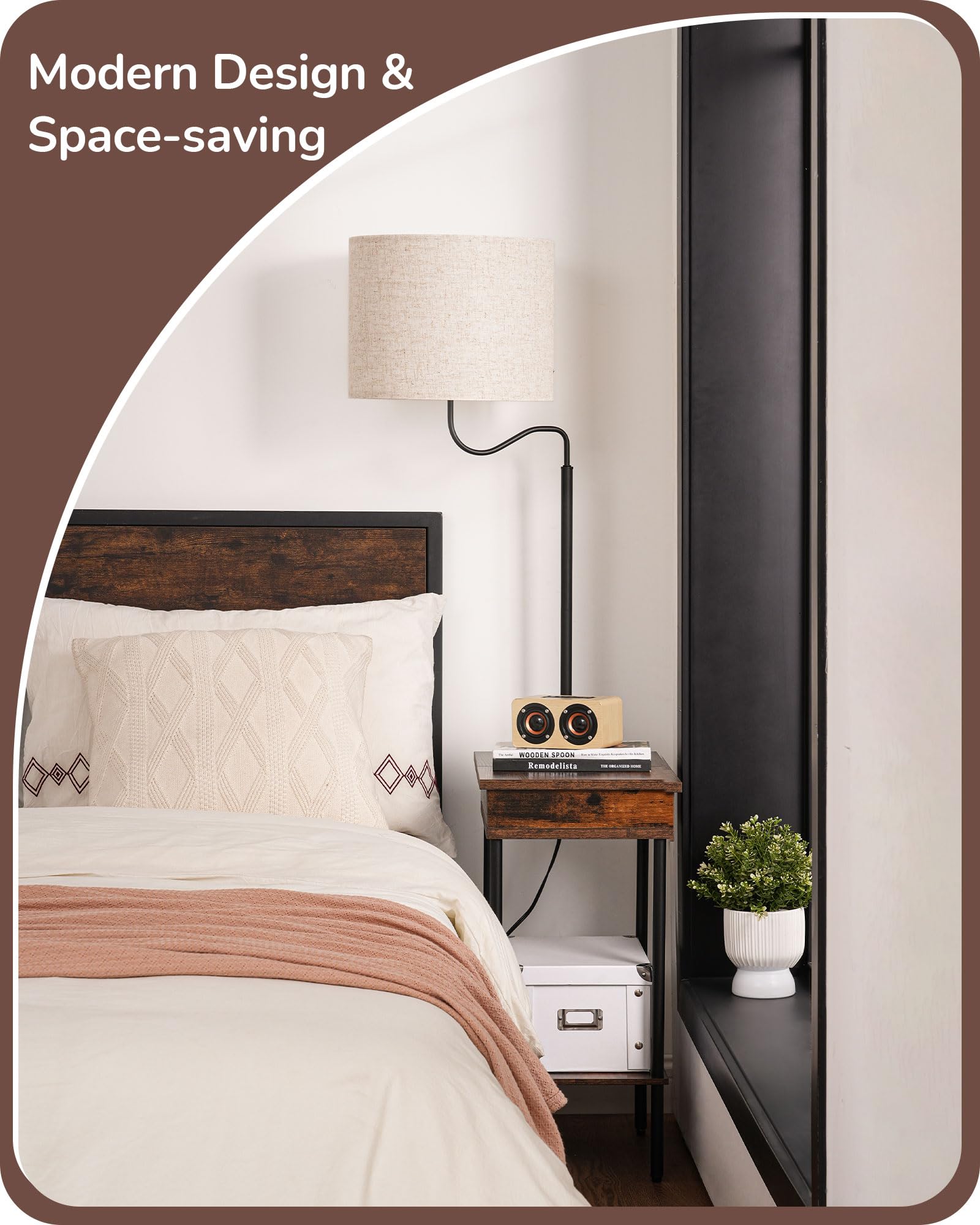 Edishine Floor Lamp With Table, Side Nightstand Light With 1 Drawer And 1 Shelf, Bedside Shelf Floor Lamp, Small End Table With