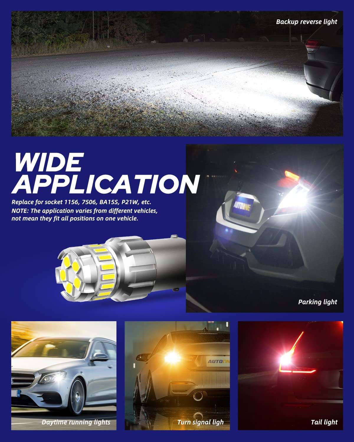 Autoone 1156 Led Bulb, Led Reverse Lights 300% Brighter Ba15S 7506 1003 1141 P21W 6500K White Led Replacement For Backup Light, Tail Light, Pack Of 2