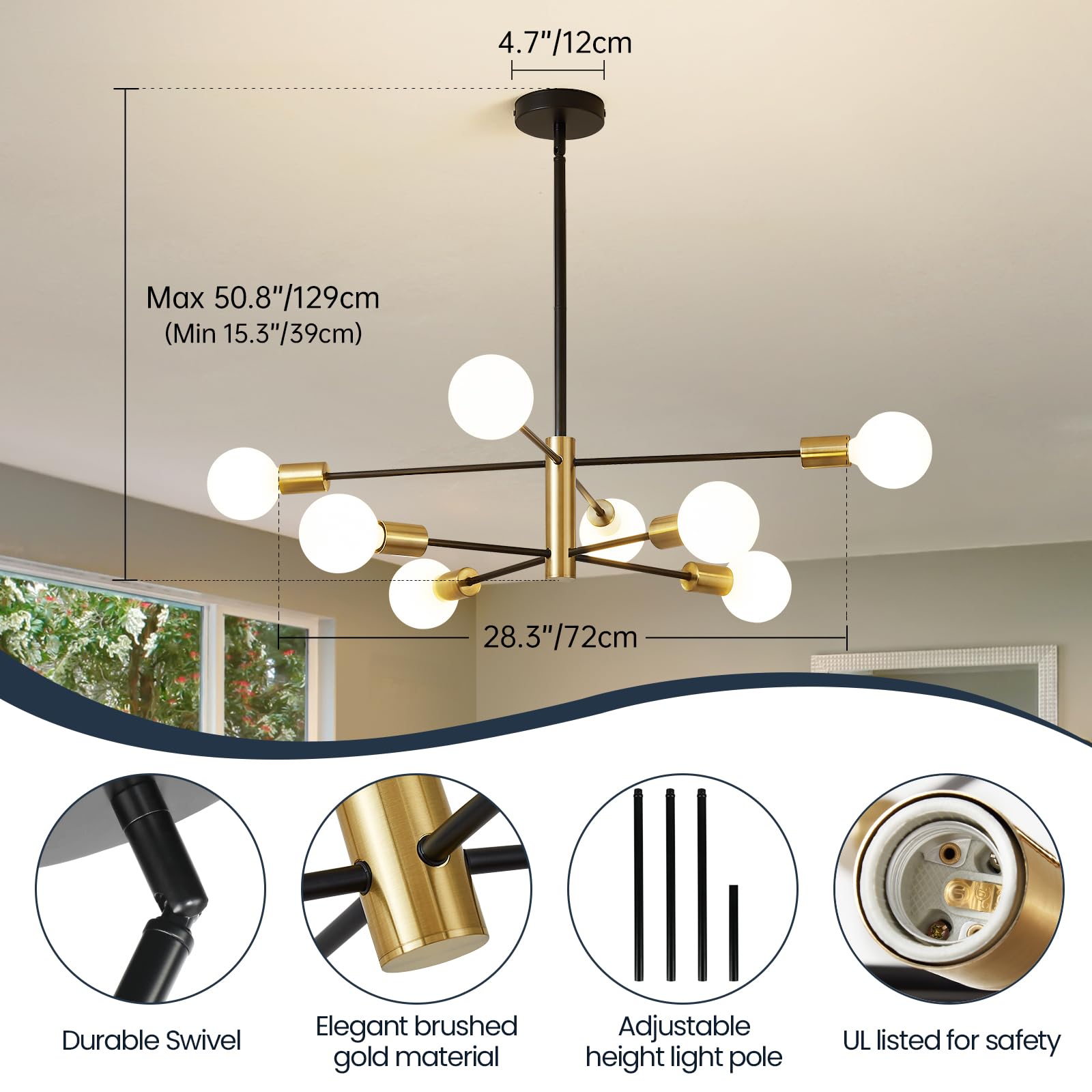 Ruiyey Modern 8-Light Sputnik Chandelier, Black And Gold, Adjustable Ceiling Fixture For Dining Room