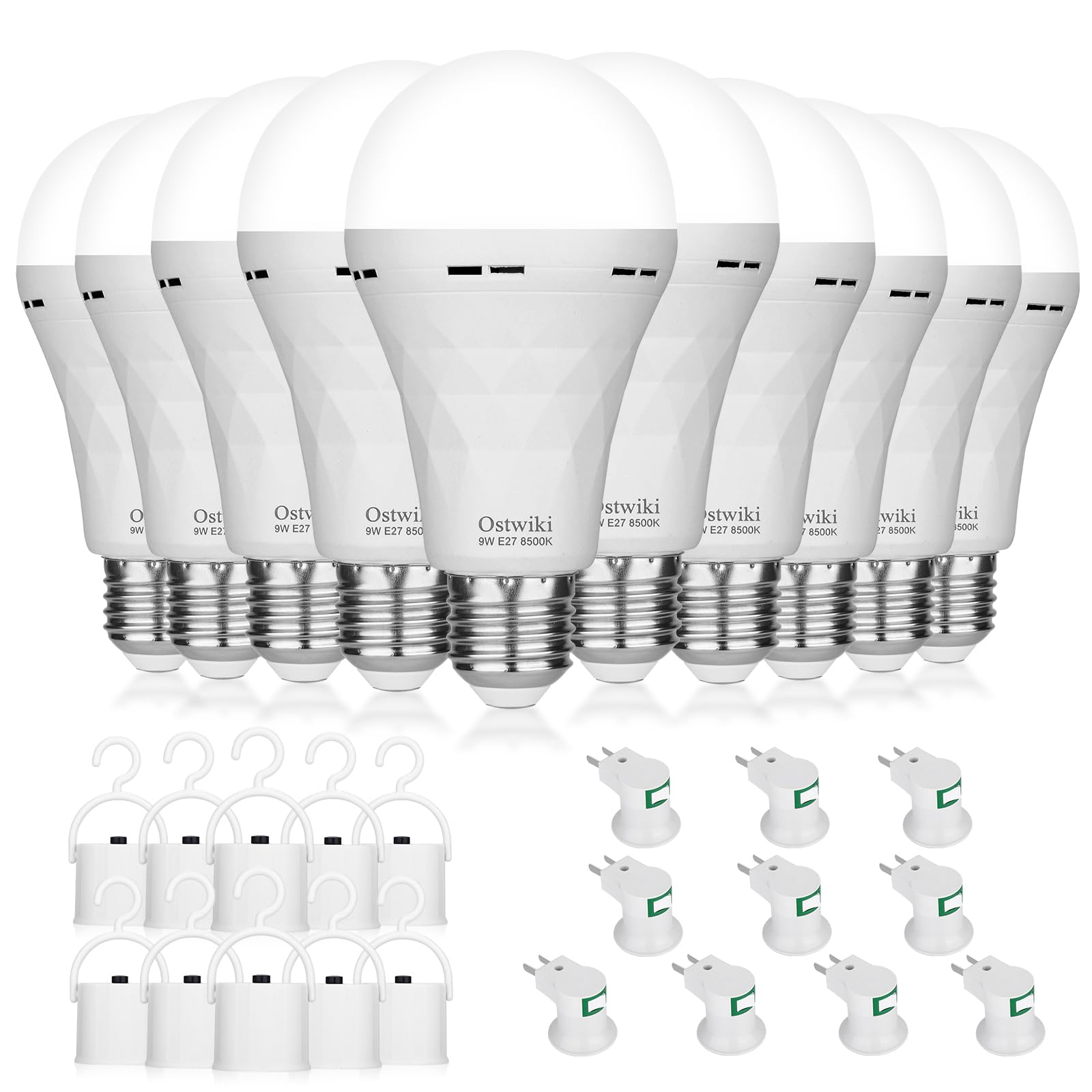 Ostwiki 10 Pack Rechargeable Emergency Light Bulbs,Battery Operated Backup Light Bulb for Power Outage Camping Outdoor Hurricane 9W E27 8500K 1200mAh White Self-Charging LED Light Bulbs