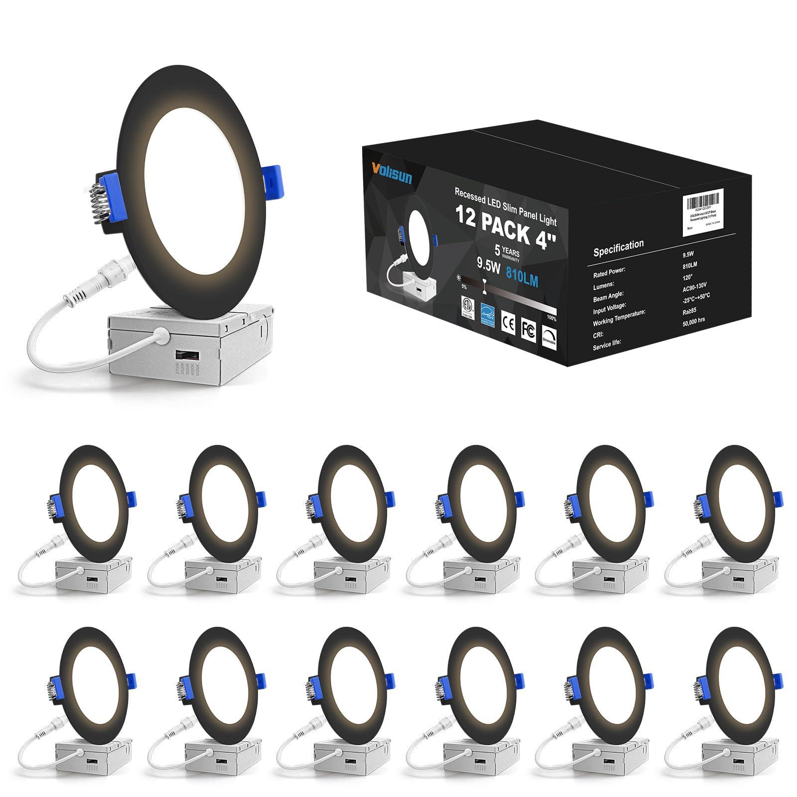 VOLISUN 12 Pack 4 inch Recessed Lighting, 5CCT LED Recessed Light Black, 2700K-5000K Selectable, 9.5W Eqv 80W, 810LM Dimmable Ca