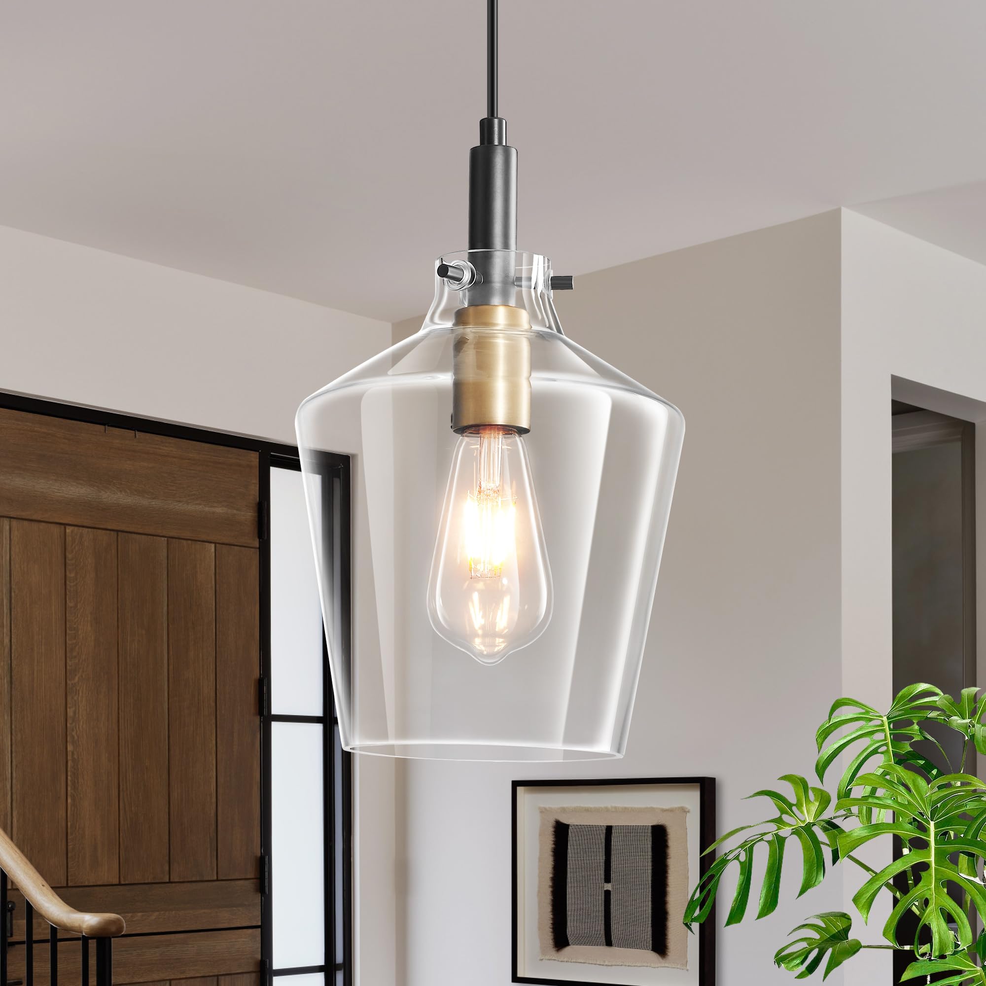 Vaziden Modern Glass Pendant Lighting, 2 Pack Adjustable Ceiling Lights, Black Gold with Clear Glass Shades, 8 Inch, Model 1508