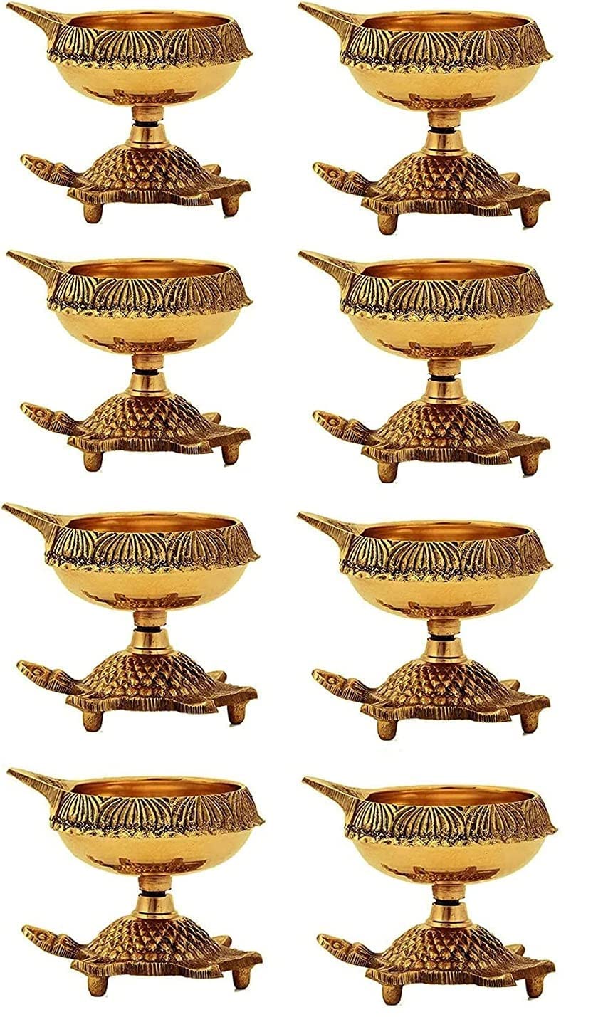 SATVIK 10 Pc Brass Kuber Turtle Diya for Diwali Decoration Handmade Oil Lamp with Golden Engraved Virgin Brass Metal Diwali Diya