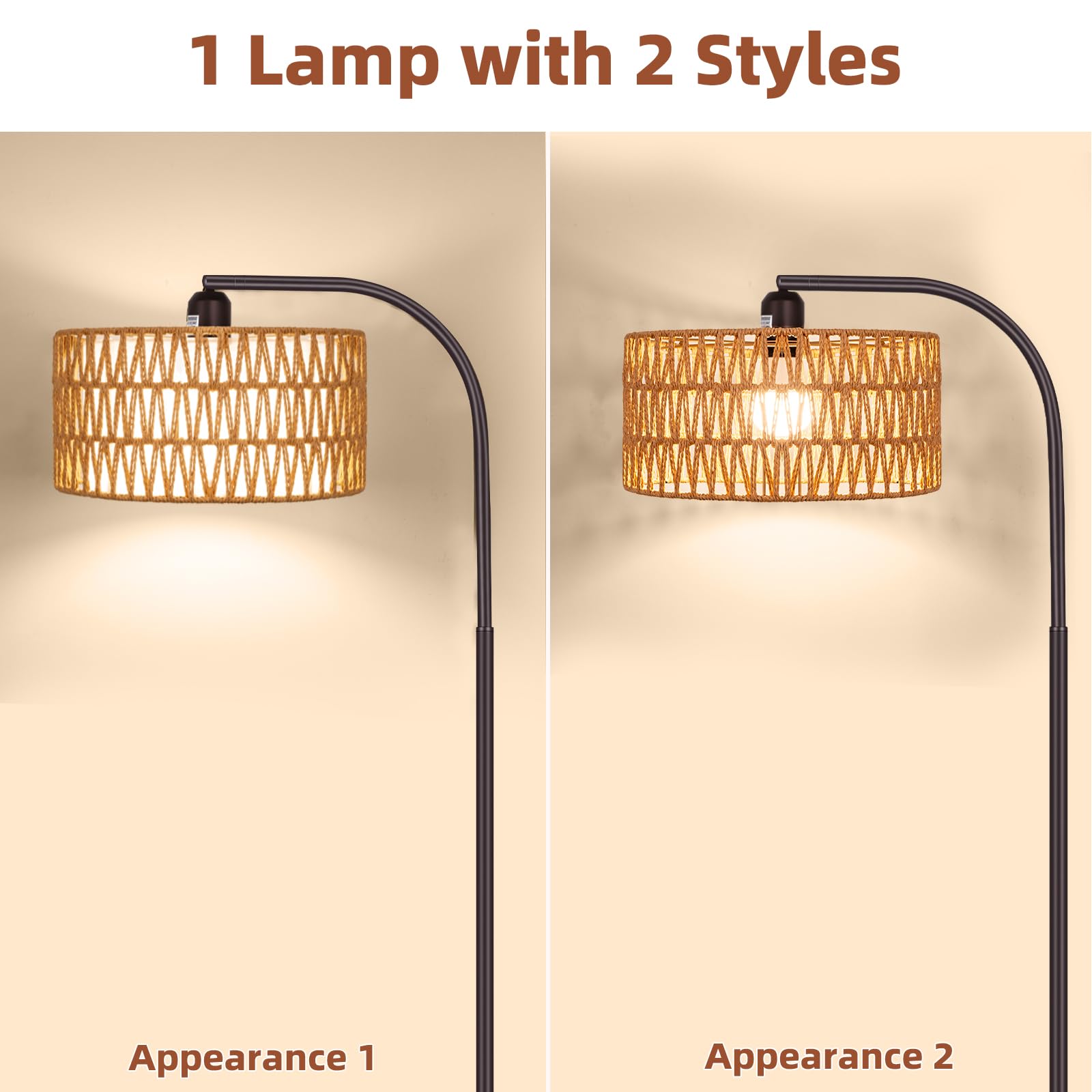 Brilvibera Boho Floor Lamp With Dimmable Bulb, Rattan &Linen Double Shades, Bronze Boho Standing Tall Lamps With Foot Switch, Bohemian Floor Lamps For Living Room, Bedroom, Office