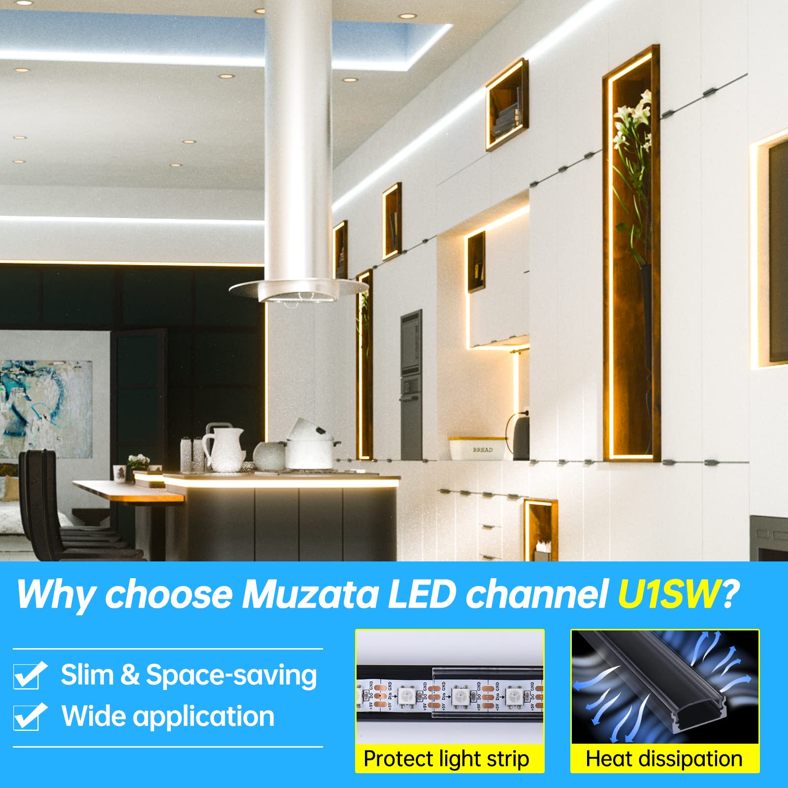 Muzata LED Strip Channel, 6 Pack, 3.3FT/1M, Black Aluminum U Shape with Transparent Cover, Model U1SW