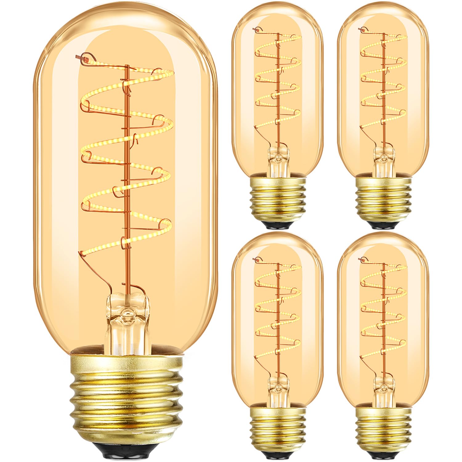 Vintage Led Spiral Filament Bulb T14, E26 Base, 4W Equivalent, 40W Warm White, 2200K, Dimmable, Ac120V, 400Lm, Amber Glass, Pack