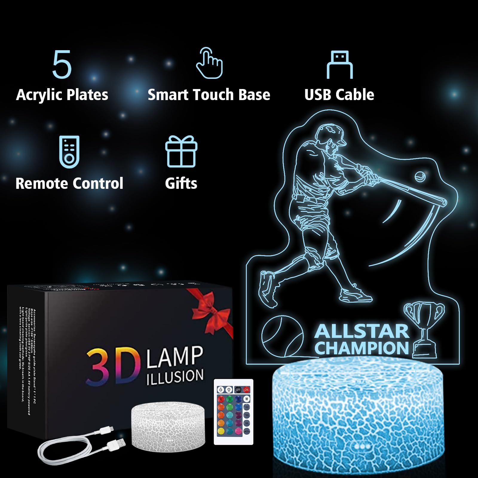 Shellvcase 3D Baseball Night Light, 5 in 1 Set with Remote, 16 Colors, Acrylic, Model 3736651, 5Pcs Baseball Gift for Boys
