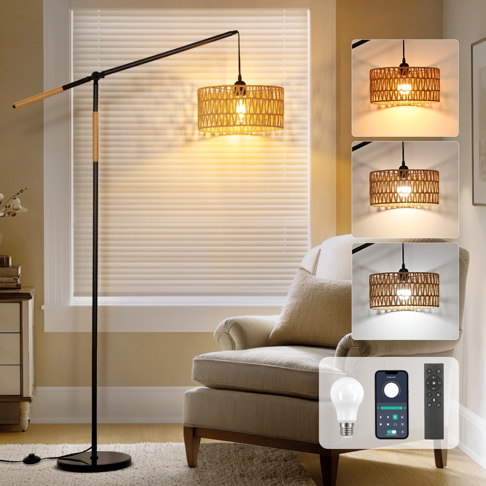 CASENKE Arc Boho Floor Lamp: 68 Rattan Tall Lamps with Remote and APP Control - Standing Black Floor Lampara with Dimmable LED B