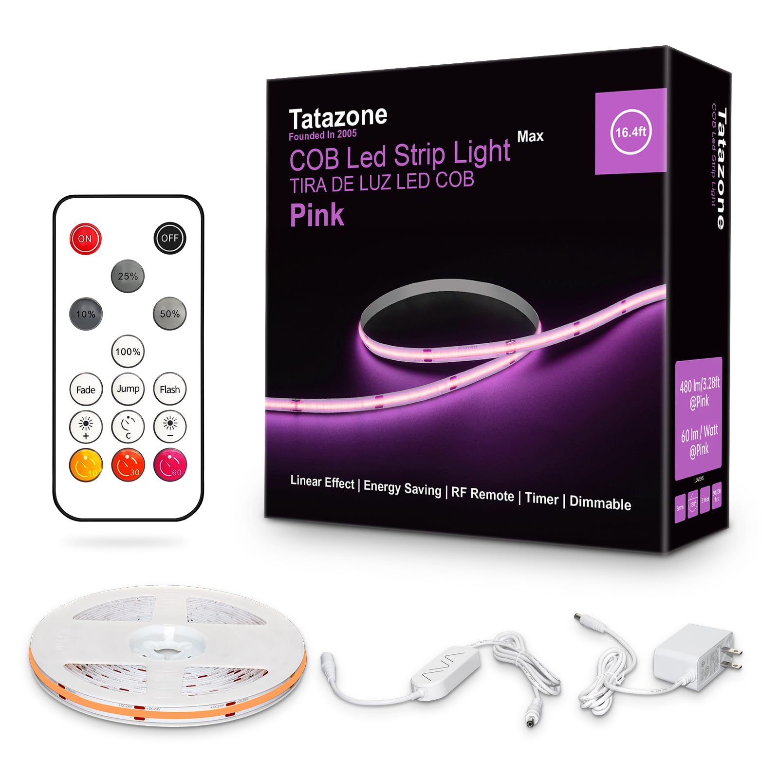 Tatazone 16.4ft Pink COB Led Strip Lights with RF Remote, Dimmable Bright Adhesive Indoor Led COB Light Strip for Cabinet, Paint