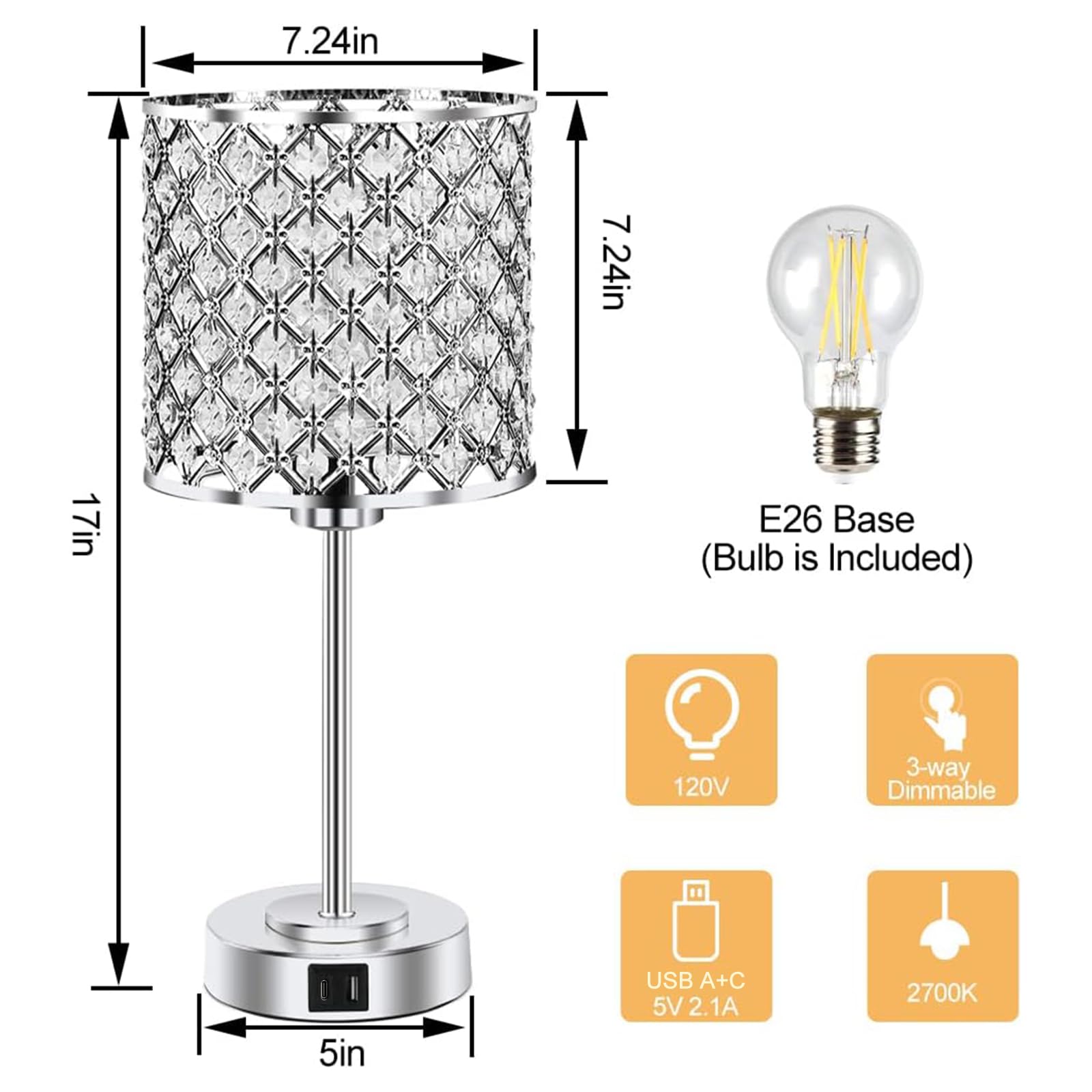 GyroVu Crystal Table Lamp - Touch Control, 3-Way Dimmable, 2 USB Ports, Modern Silver Crystal Nightstand Light, Bulbs Included