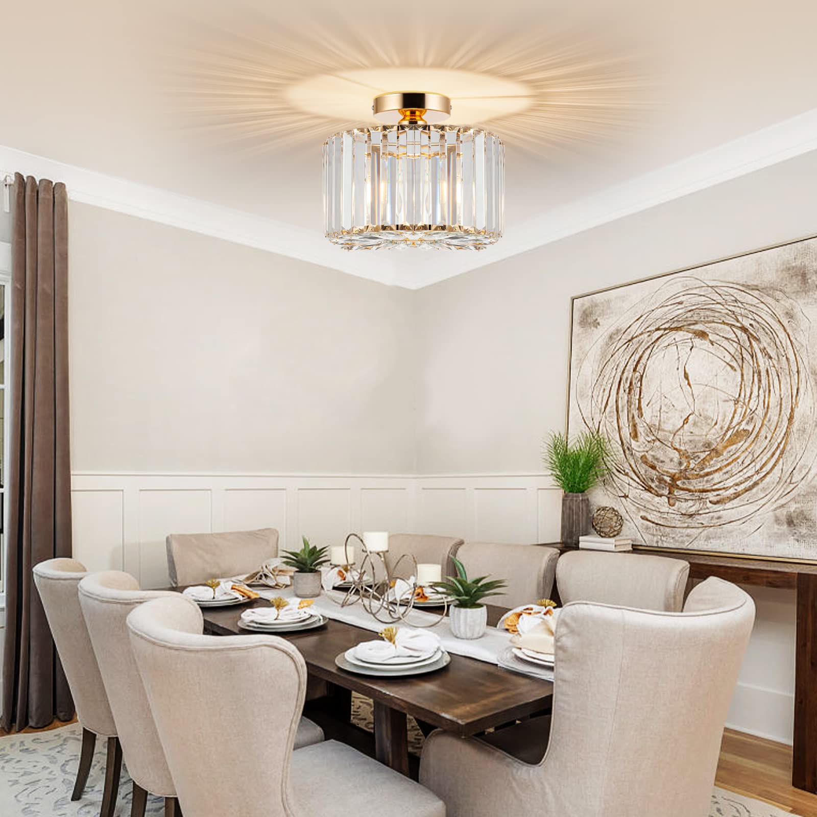 Hopggie 10.6 Inch Gold Chandelier Flush Mount Ceiling Light Mini Small Crystal Chandeliers Modern Hallway Light Fixtures Ceiling