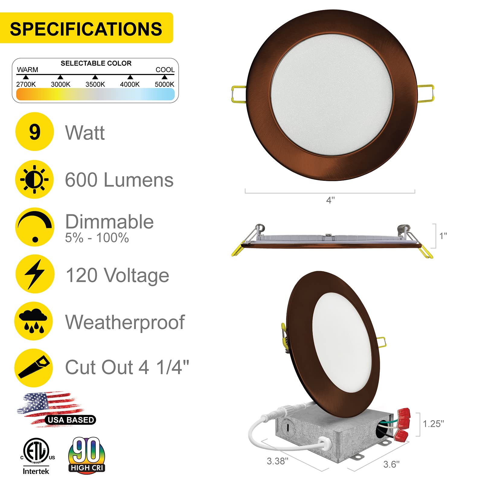 NUWATT 4 Inch Ultra-Thin Bronze LED Recessed Lighting, 5CCT Dimmable, 630 Lumens, IC Rated, Model NW-P-DL-4-9