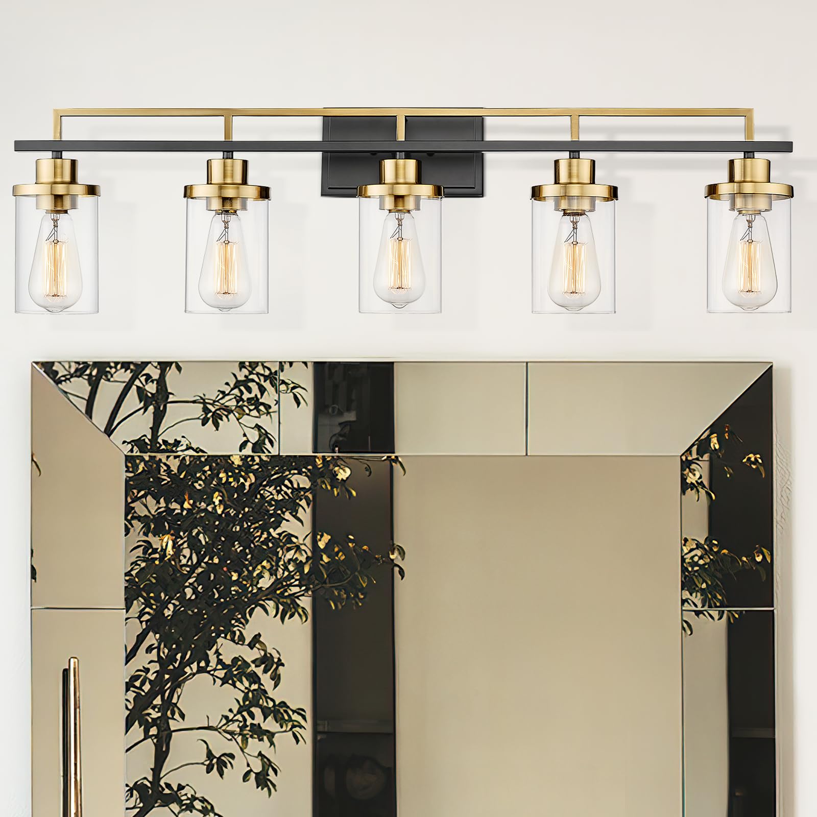 Emliviar 36-Inch 5-Light Bathroom Fixture, Modern Black & Gold Metal Vanity Light, Model YCE238B-5W BK+BG