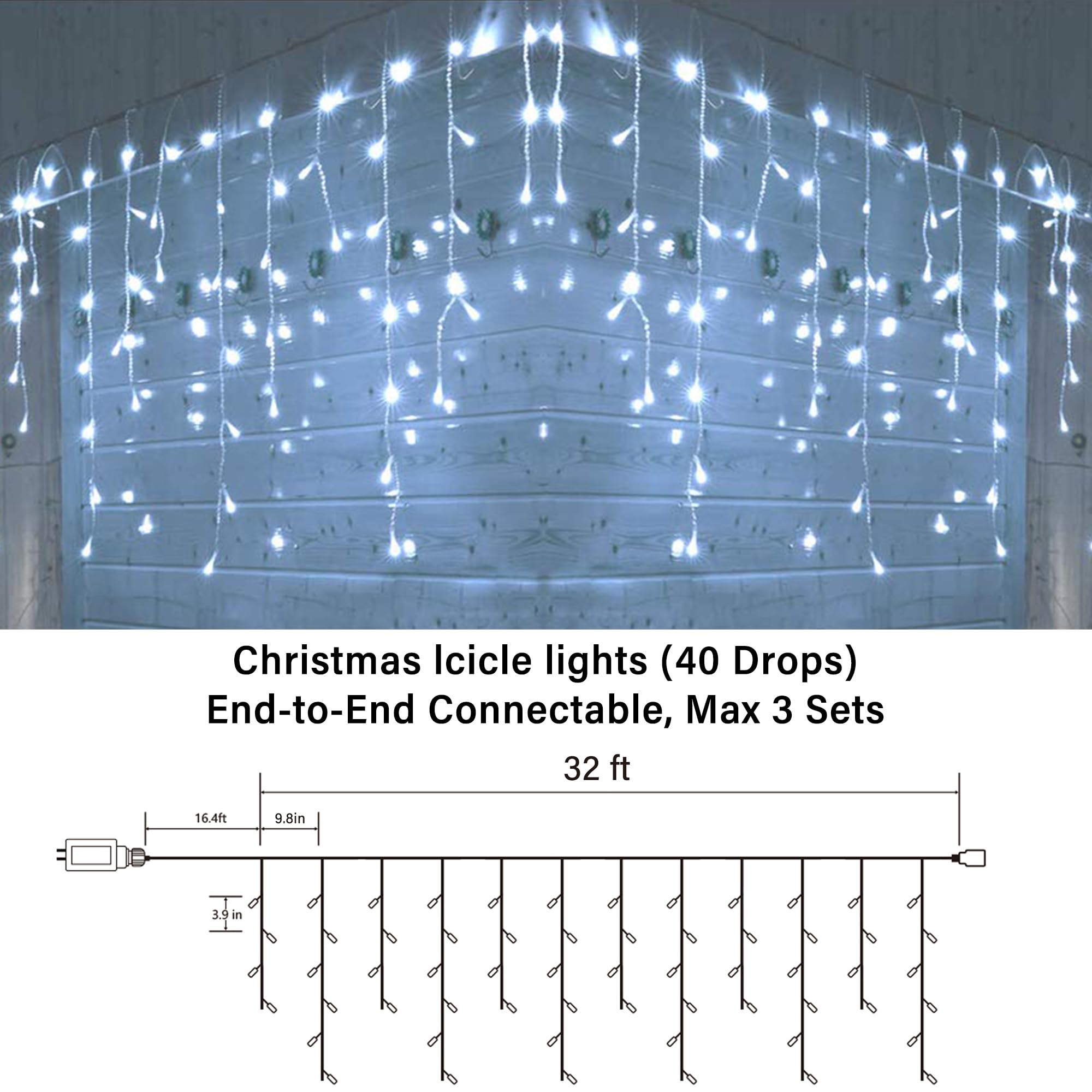 Joomer Christmas Icicle Lights, 32FT, Waterproof, 8 Modes, White, Model SSL0200-I-24V