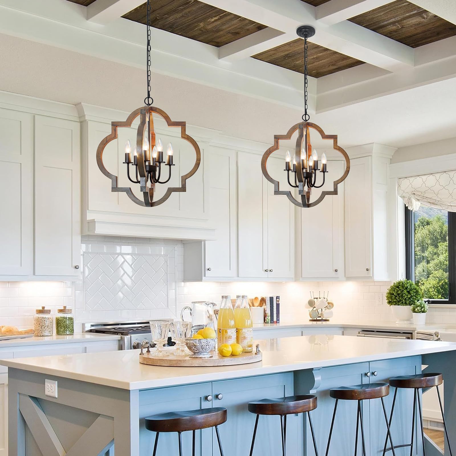 Rviezza 6-Light Farmhouse Wood Chandelier, Adjustable Rustic Pendant Light for Dining Room, Kitchen, Foyer - Model B0CM3QC7FC