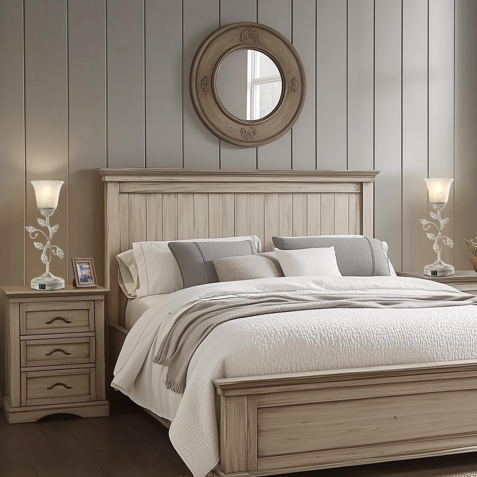 Roriano Set Of 2 Rustic Touch Table Lamps For Bedroom, 3-Way Dimmable Nightstand Flower Lamp With 2 Usb Ports, Retro White Glass