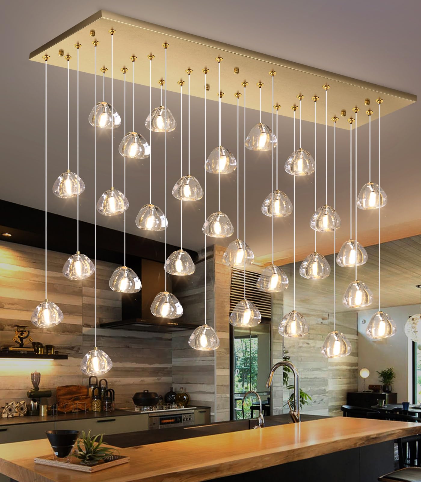 HAIXIANG Glam Chandelier Bubble Crystal Pendant Light Fixture, Dimmable, Antique Gold, 30 Lights Rectangular, Model MMQ9025