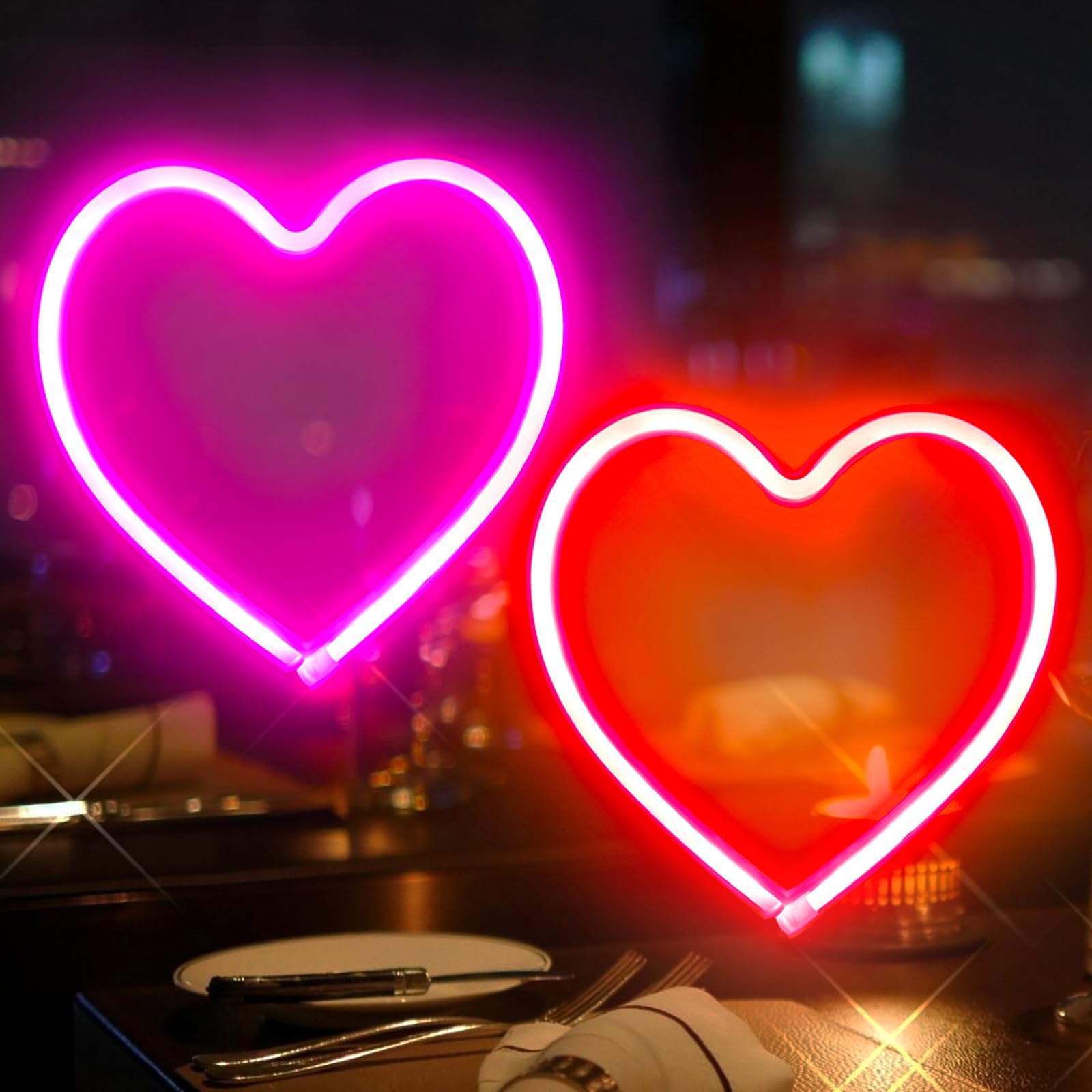 EXF 2-Pack Heart Neon Sign, LED Decoration Lamp, Battery Operated or USB Powered, Pink & Red, Model: Heart-pink&red