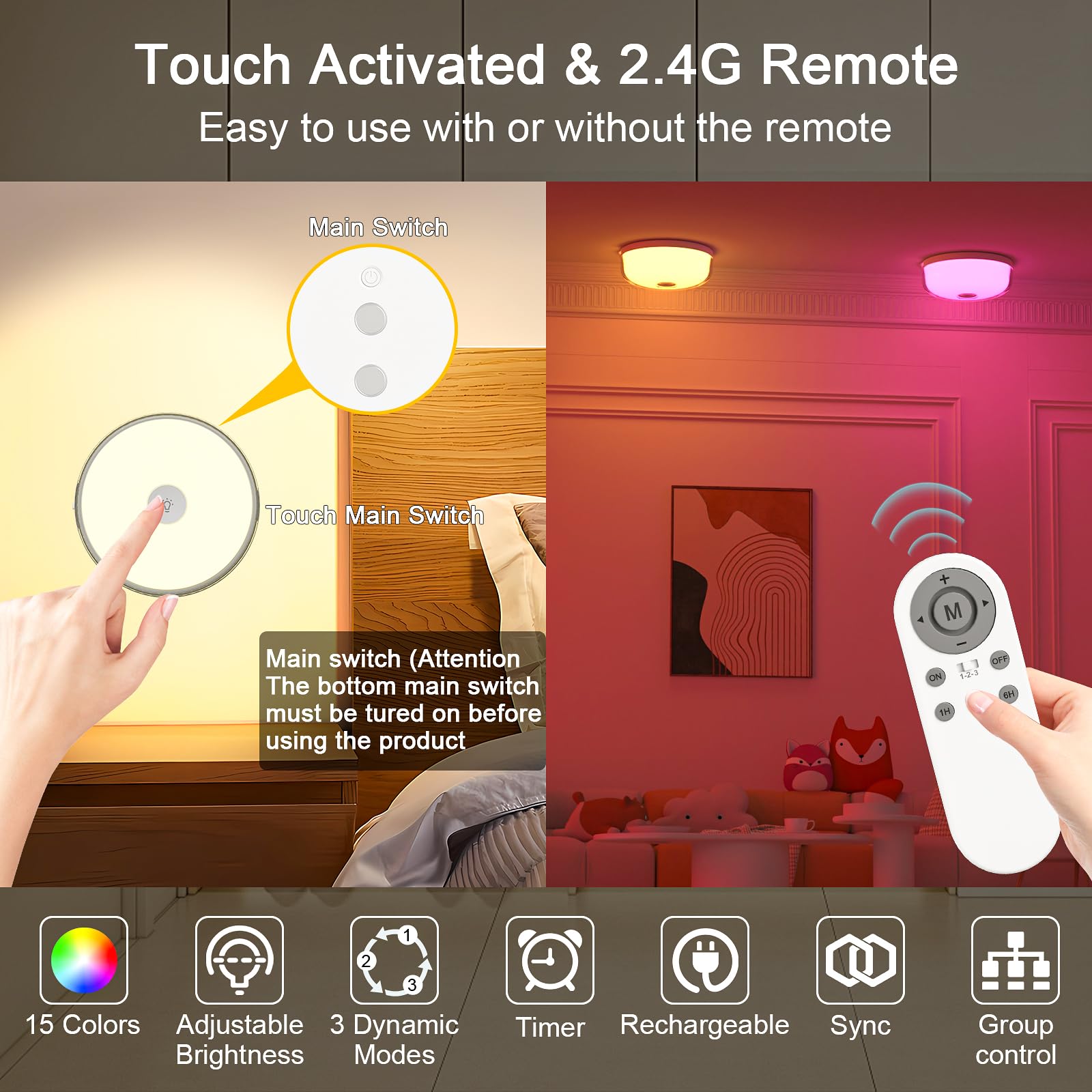 GODENBA Rechargeable Shower Light, 15 Color Mood Light, Remote Control, 2600mAh Battery, 2-Pack, White, Model T056