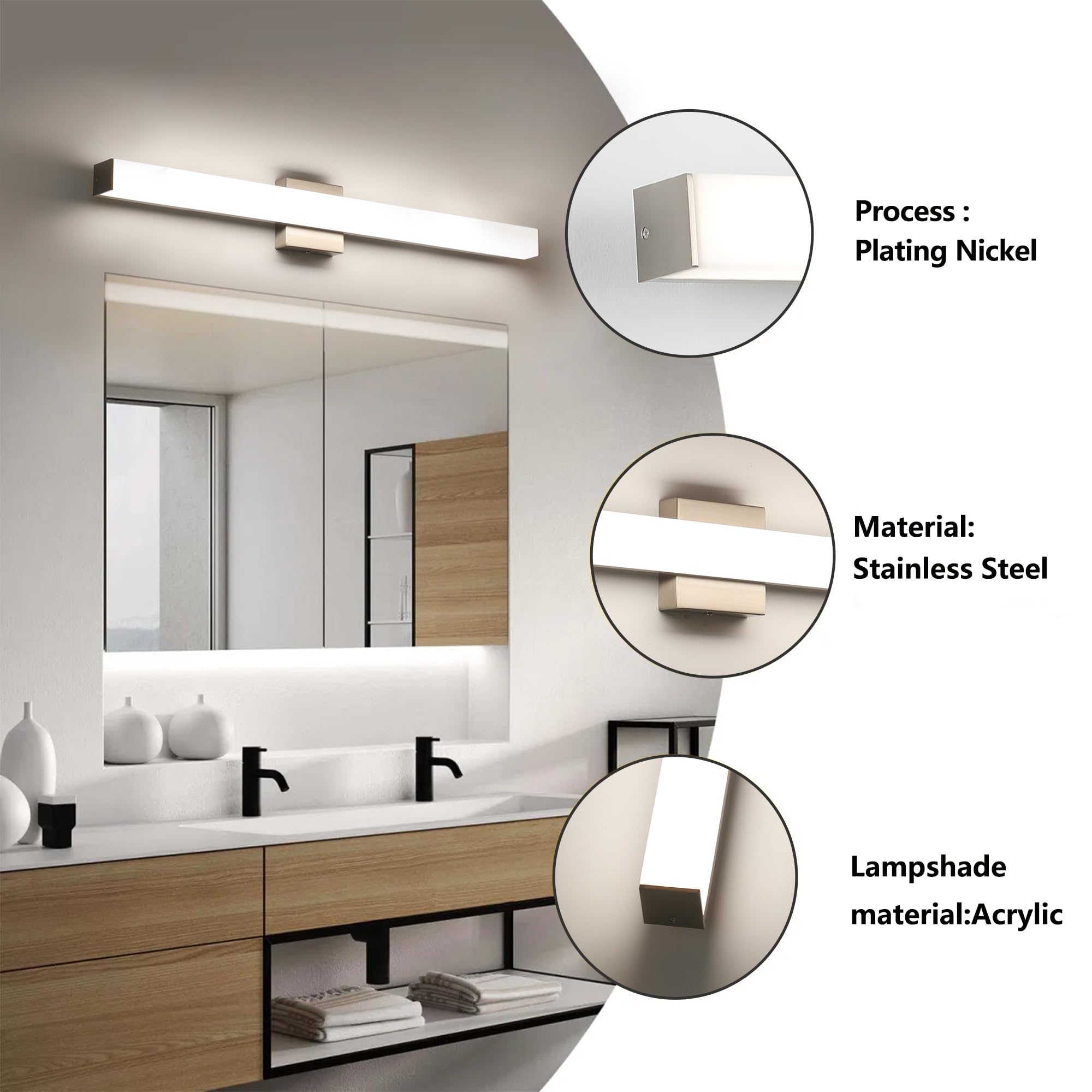 YHTlaeh Bathroom Vanity Light 31.5" Dimmable LED Brushed Nickel Wall Bar Fixture, Model 7610, 4000K Natural White
