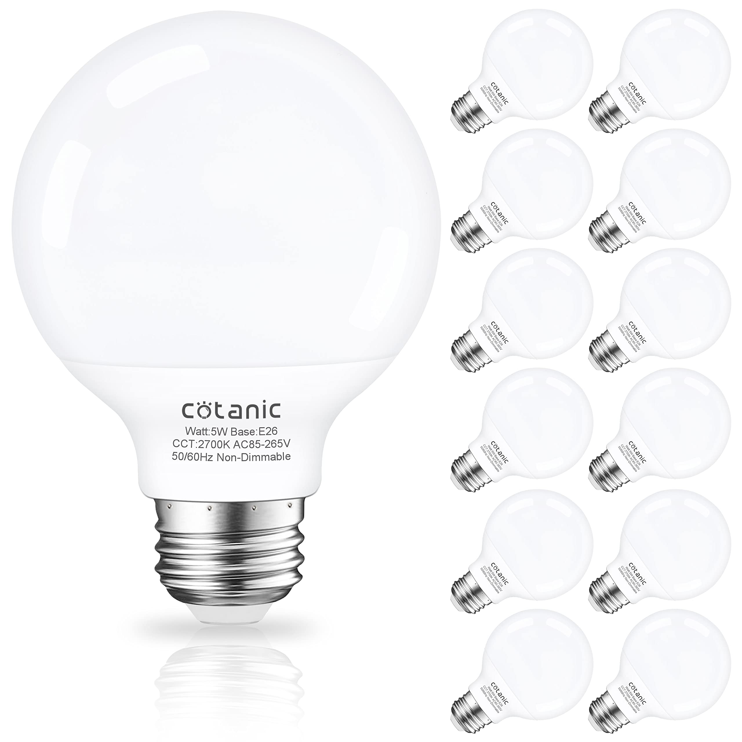 Cotanic G25 Globe Led Light Bulbs For Bathroom, E26 Standard Base, 5W(60 Watt Equivalent Incandescent Replacement), 500Lm, Non-D