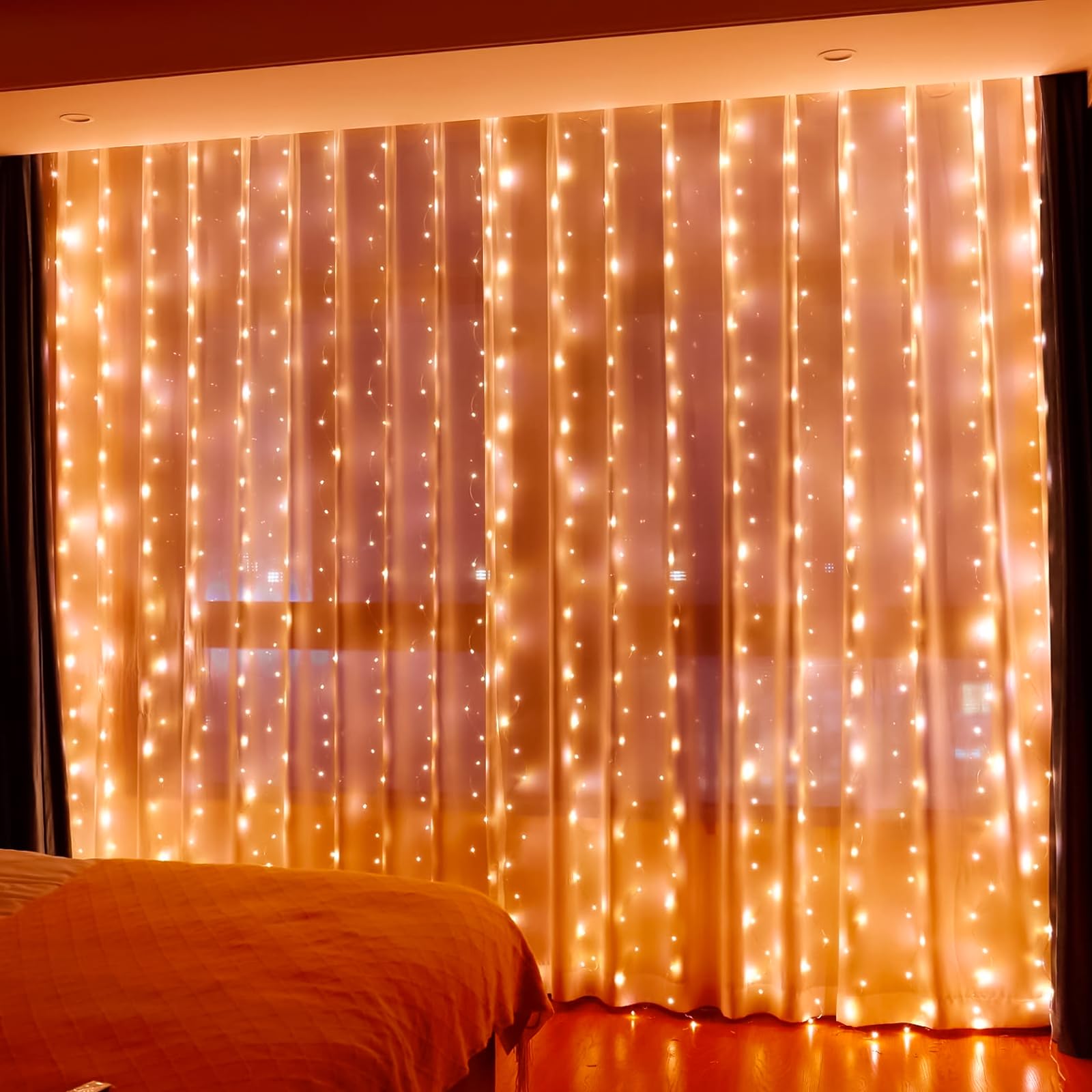 HXWEIYE Fairy Curtain Lights - 300LED, Orange, USB, 9.8x9.8Ft, 8 Modes, Timer, Model HY100150-300