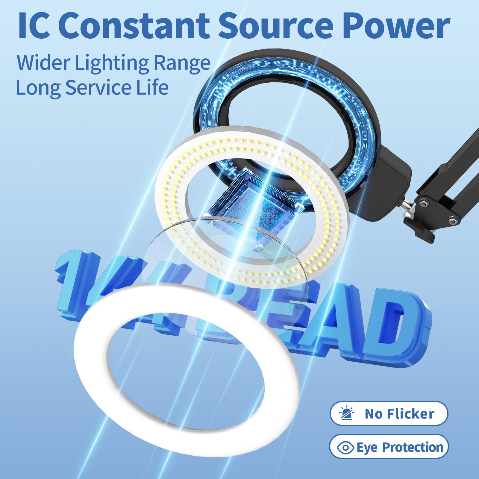 HITTI 12X Magnifying Glass with Light, 2-in-1 LED Lighted Stand, Aluminum, Overhead Switch, Blue