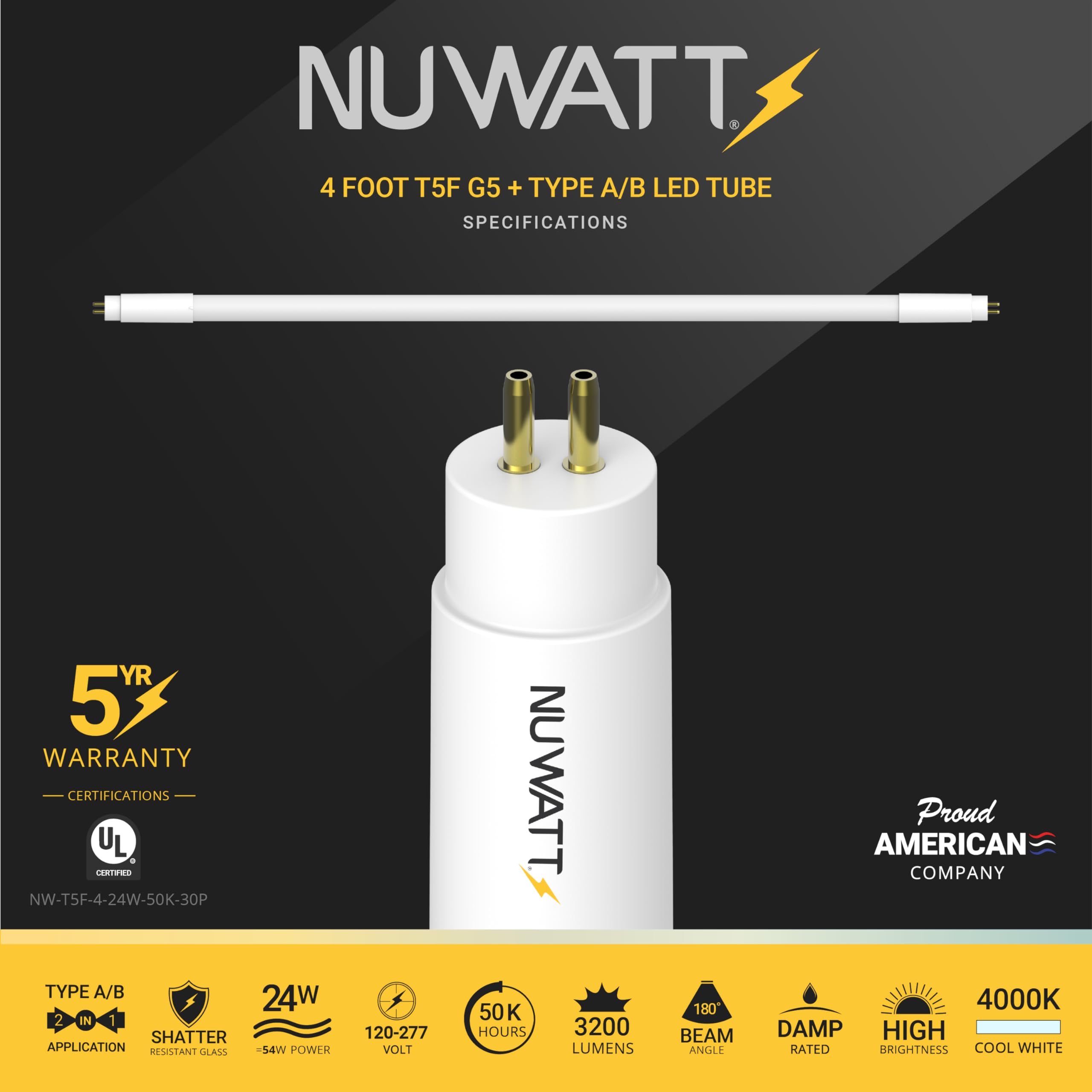 Nuwatt 30 Pack, 4Ft T5 Led Tube Lights, Type A&B, Hybrid T5 Bulbs 4000K Cool White, High Output 3200Lm, 24W, Plug & Play Or Ball