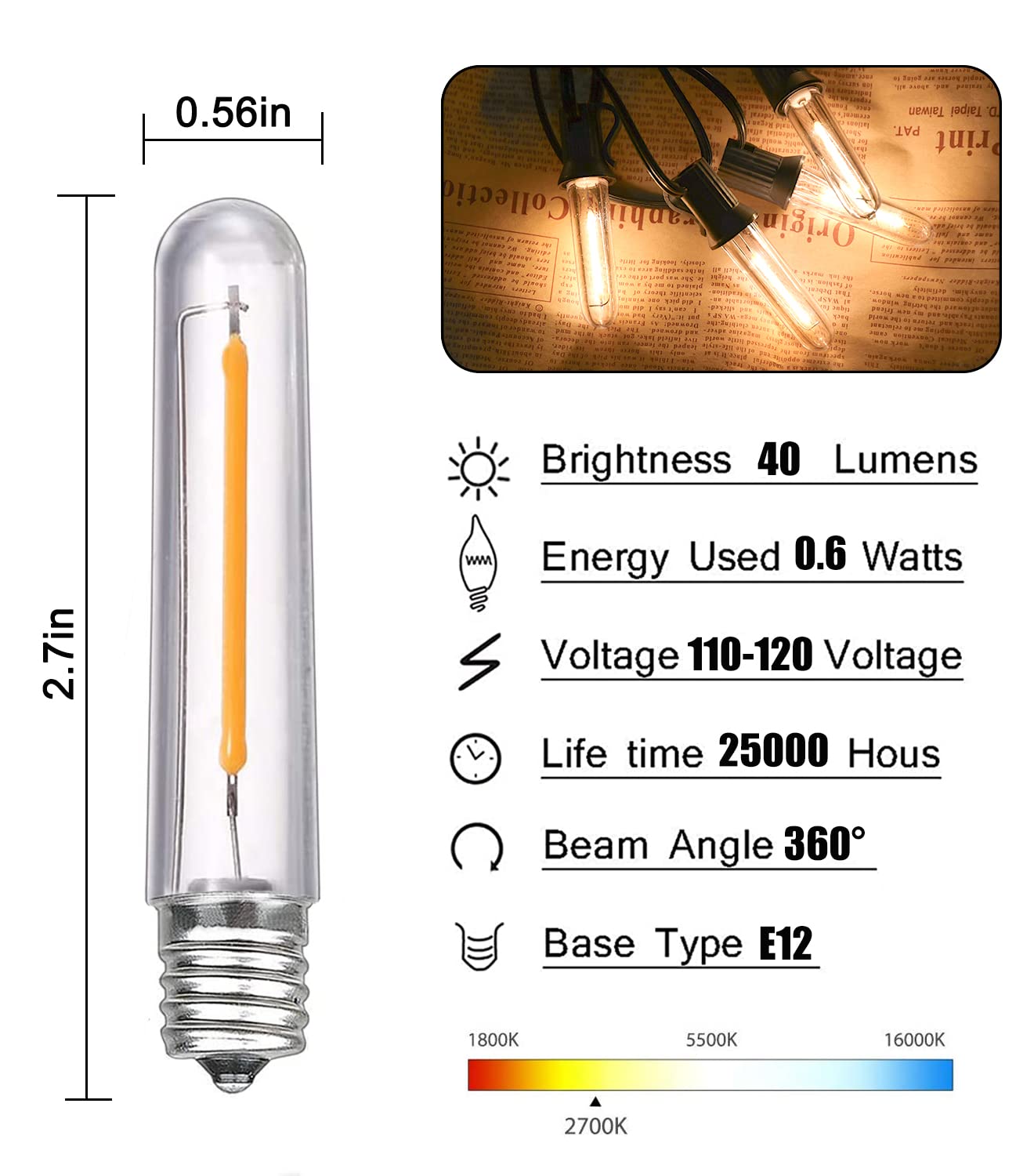 GOOTHY 12 Pack Dimmable E12 LED Bulbs 0.6W Warm White T13 Plastic Candelabra Replacement for Outdoor String Lights and Chandeliers