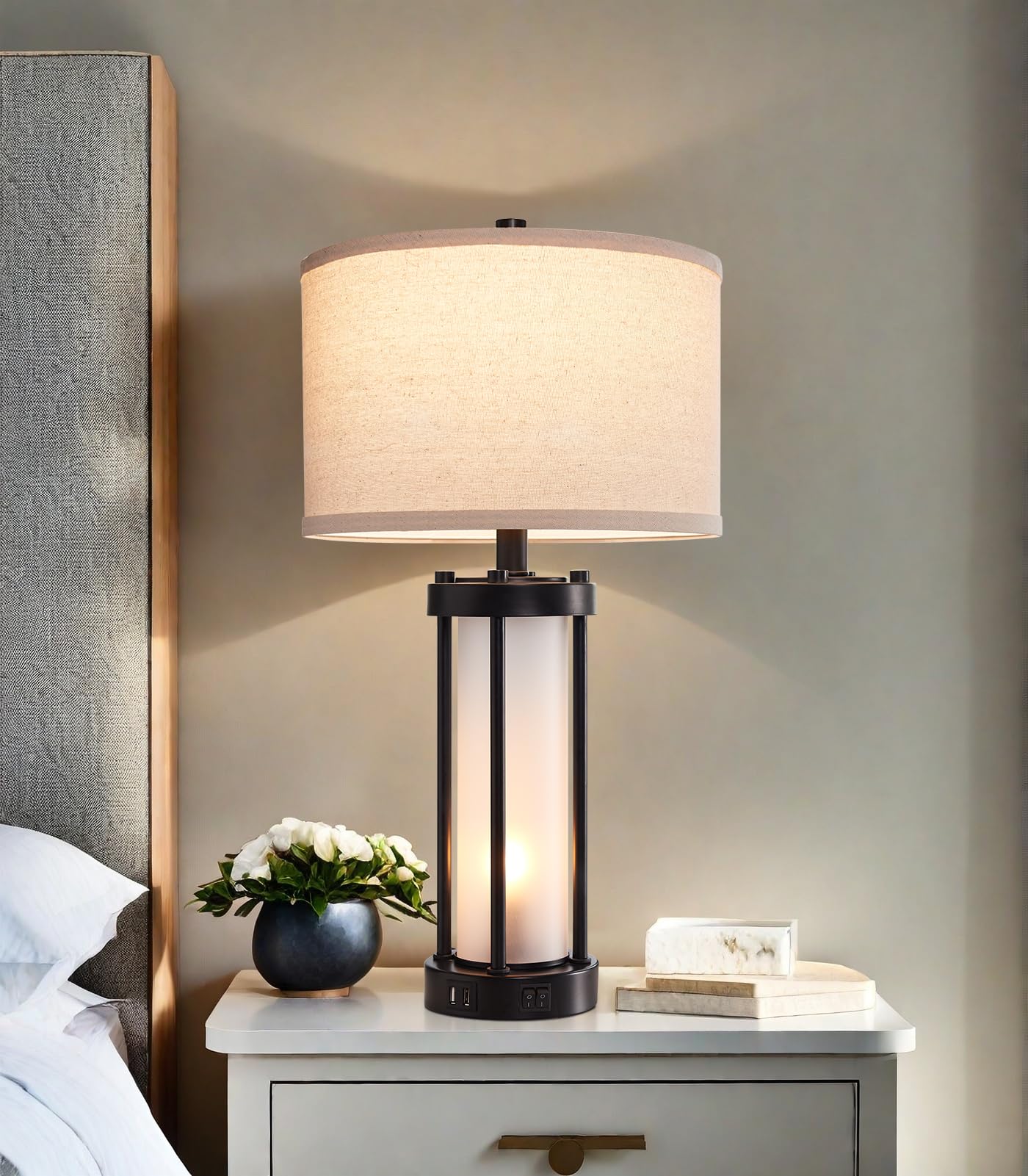 Modern Table Lamps For Living Room, Industrial Beside Lamps With 2 Usb Ports, Rustic Nightstand Lamp With White Frosted Glass Ni