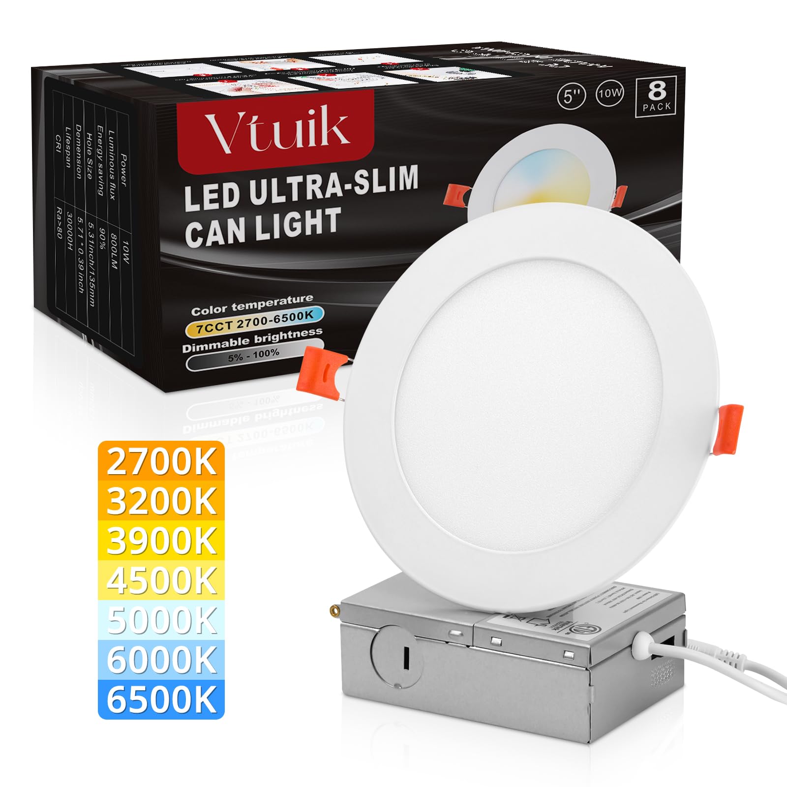 Vtuik 8 Pack 5 Inch 10W Led Can Light Retrofit With Junction Box, 850Lm/Cri85 Ultra Thin Led Recessed Lighting 7Cct 2700K-6500K With A Simple Switch Ic Rated, Etl Listed