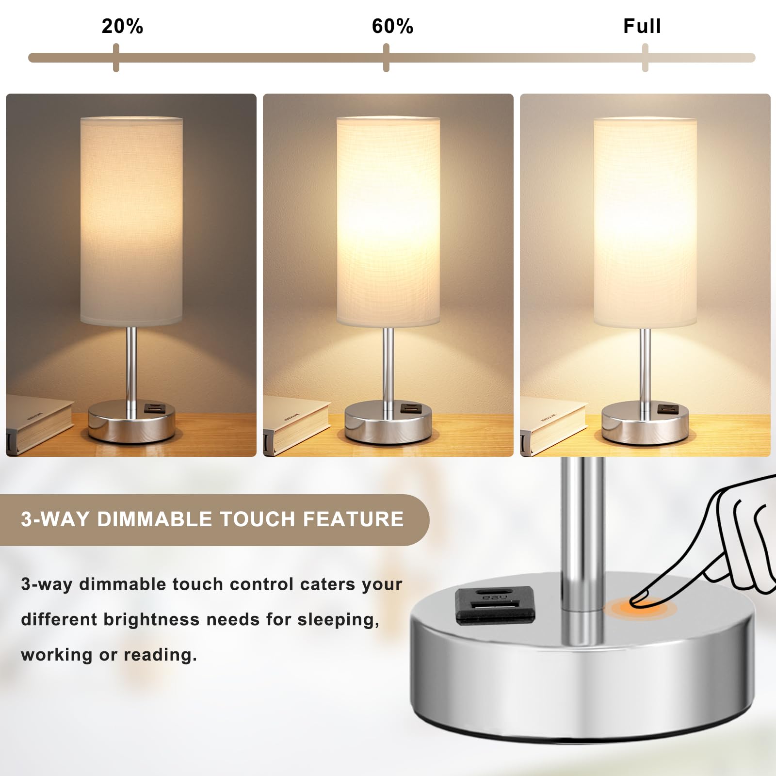 Bedside Table Lamps For Bedroom Set Of 2 - Touch Lamp For Nightstand With Usb-A+C Charging Ports - 3 Way Dimmable Small Desk Lam