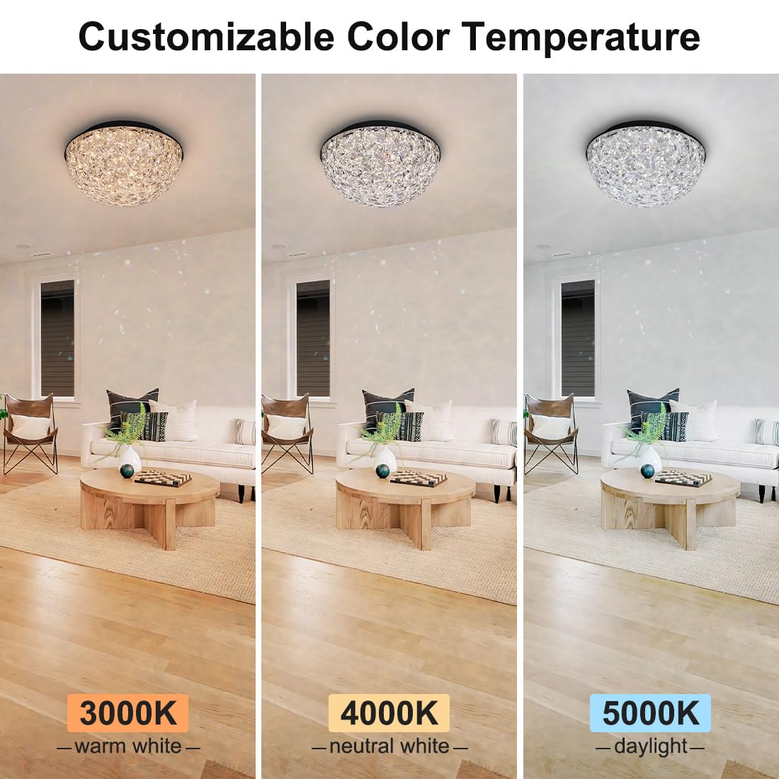 Bekada Modern Crystal Chandelier 12’’ LED Flush Mount Light Fixture, Dimmable, Black, ETL Listed for Dining Room, Kitchen, Living Room