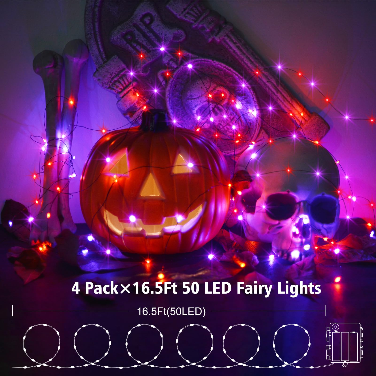 ZAIYW Fairy Lights, 50 LED, 16.5Ft, Battery Operated, Remote Control, 8 Modes, Purple Orange - Black Wire, Model DB200, 4 Pack