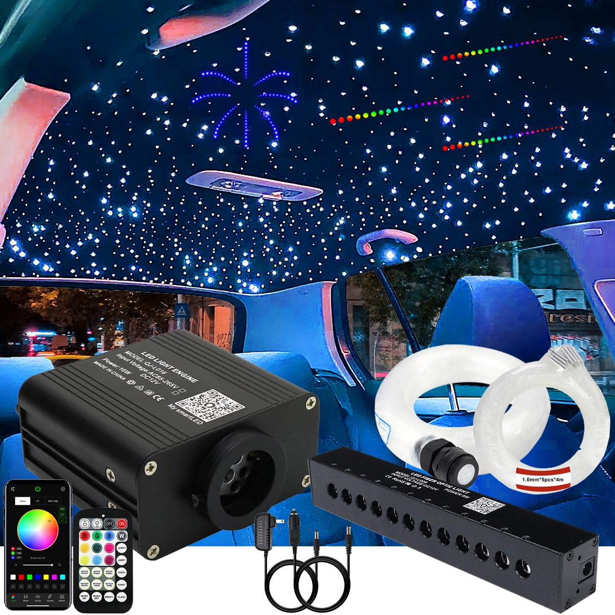 Azimom 16W Fiber Optic Starlight Headliner Kit With Rgb Meteor & Remote Control - 600Pcs
