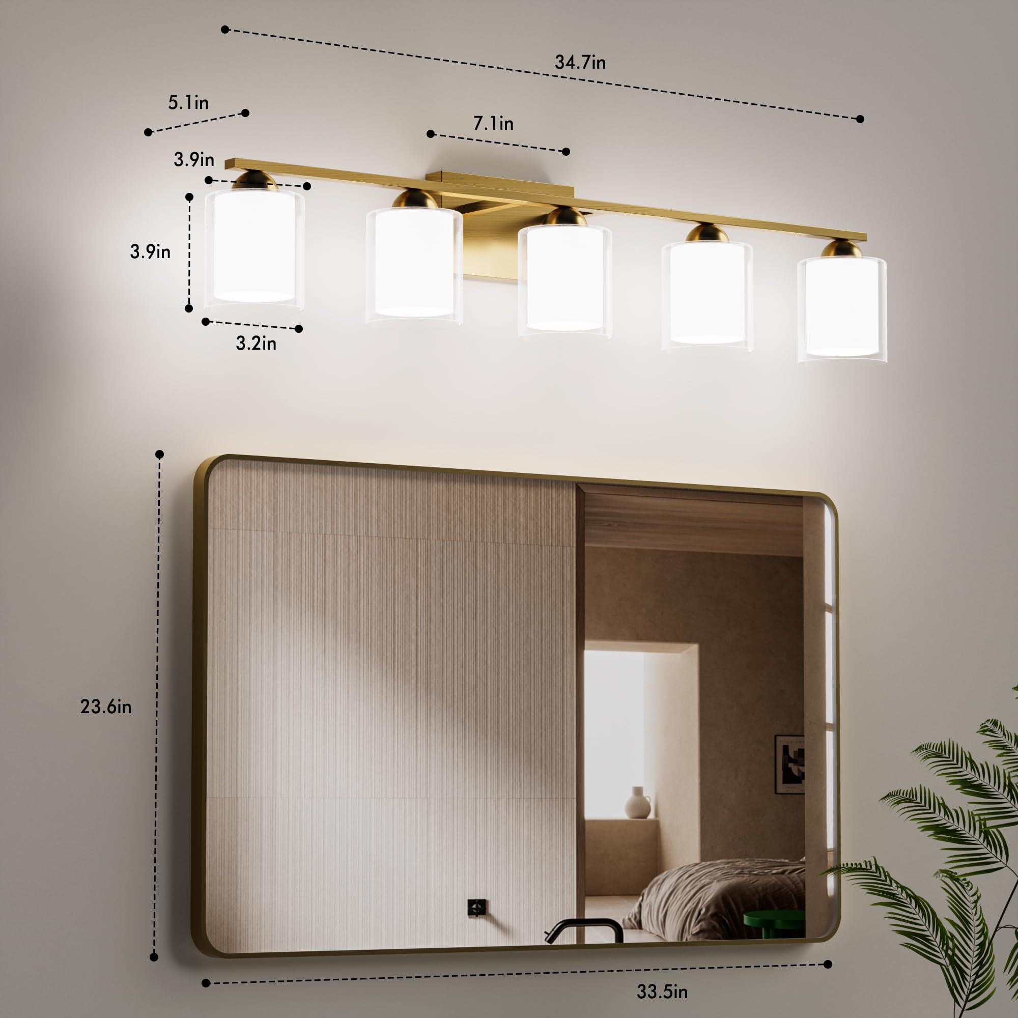 Quntis Gold Bathroom Light Fixtures, 5 Light LED Vanity Lights, Metal, 33 Inch, Milk White Frosted Glass, Model Q5G-MOD