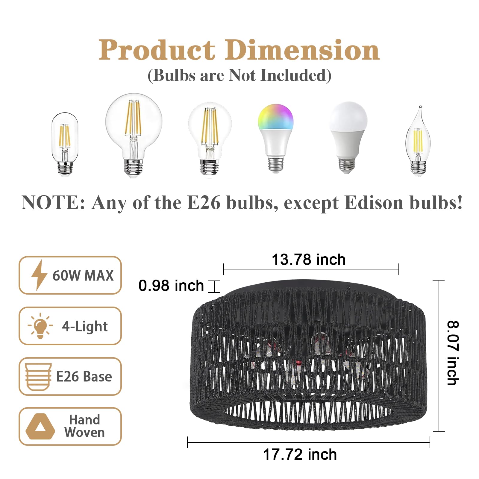 ABEAJAT Rattan Flush Mount Ceiling Light, 4-Lights Boho Chandelier, 18in  Black Hand-Woven Shade, Model ABEAJAT-001