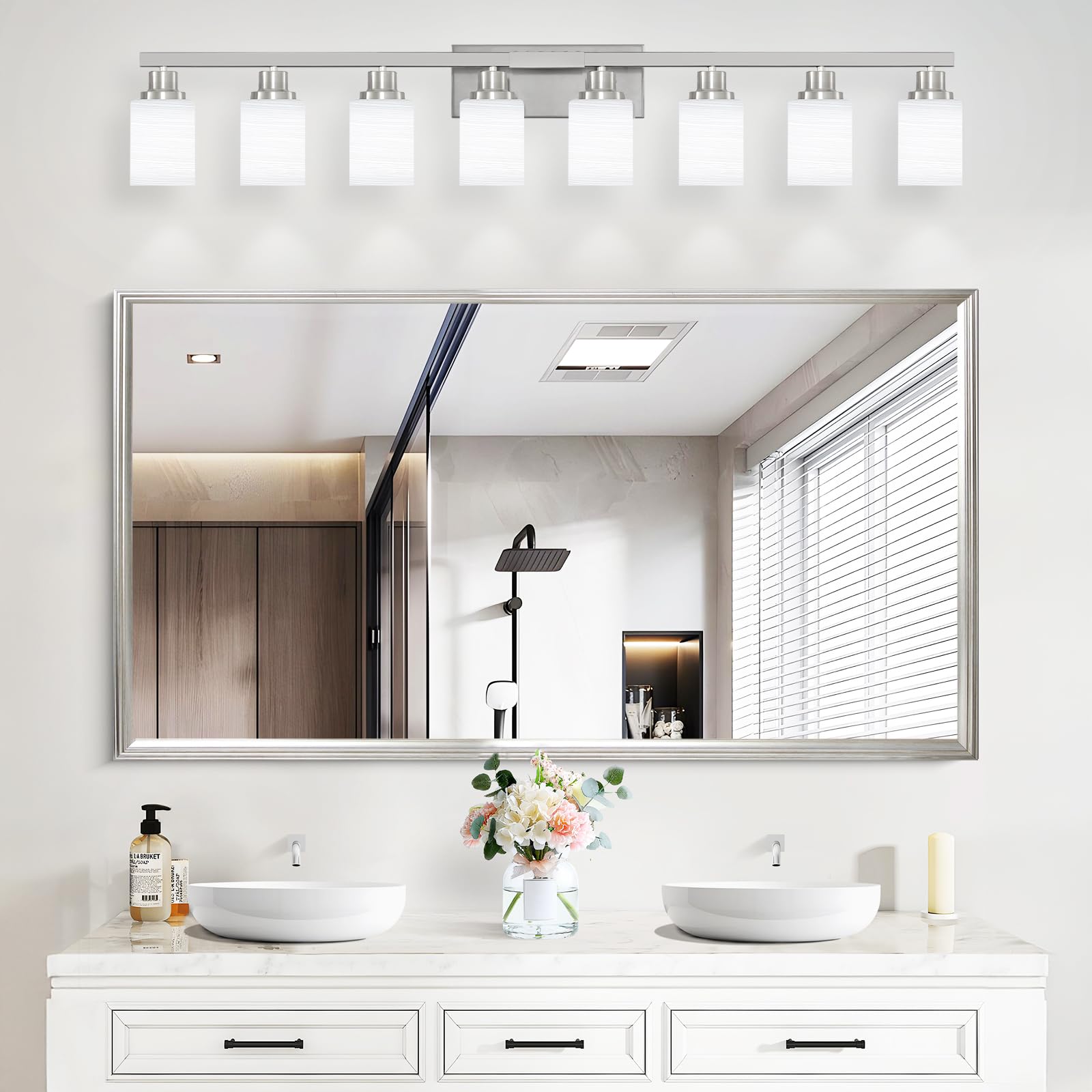 Dikaida 8-Light Bathroom Light Fixtures, 52Inch Nickel Vanity Light With Milky White Glass Shade, Modern Bathroom Wall Lights Ov