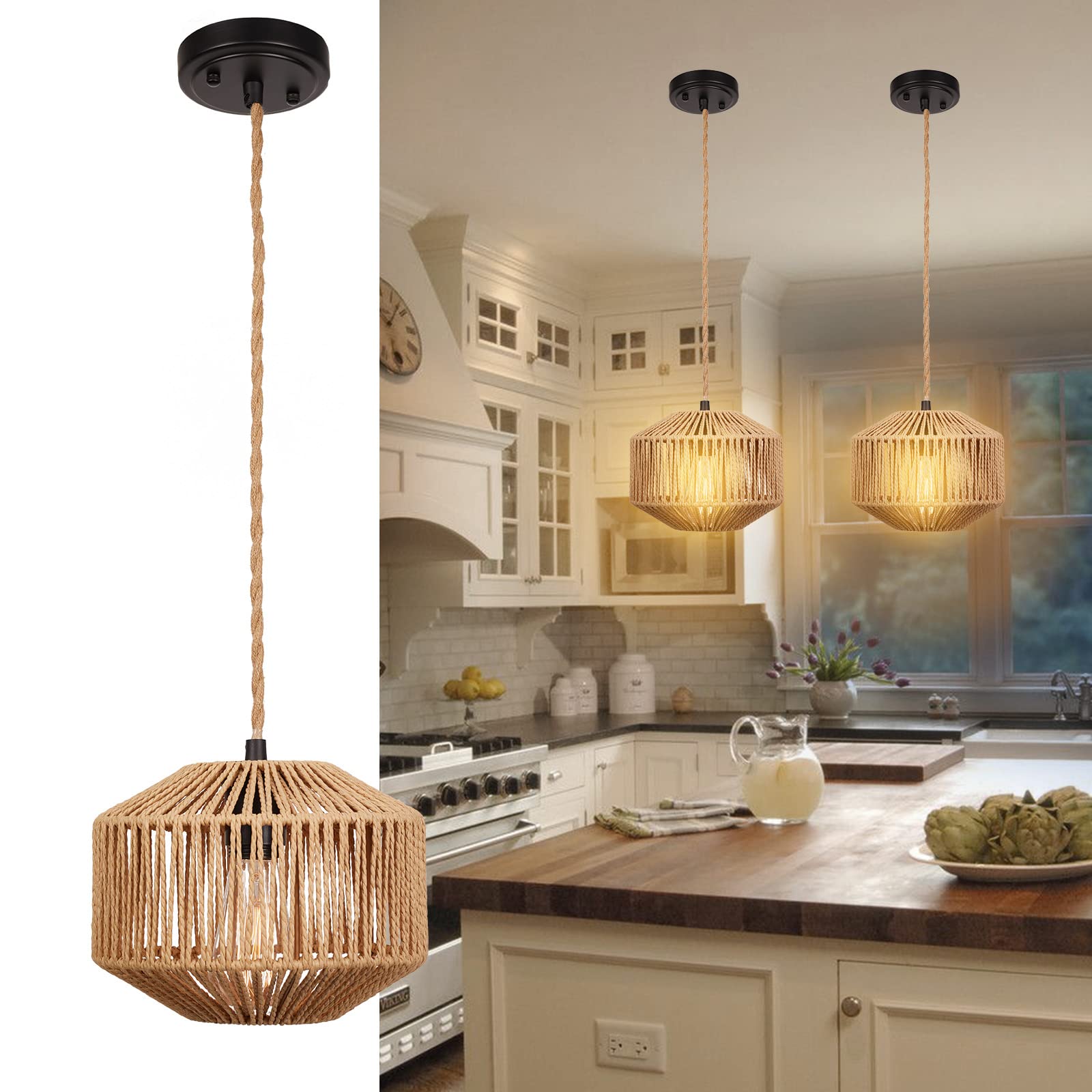 Rosient Rattan Woven Pendant Lamp - 9.2&quot; Natural Coastal Rope Light Fixture For Home Decor