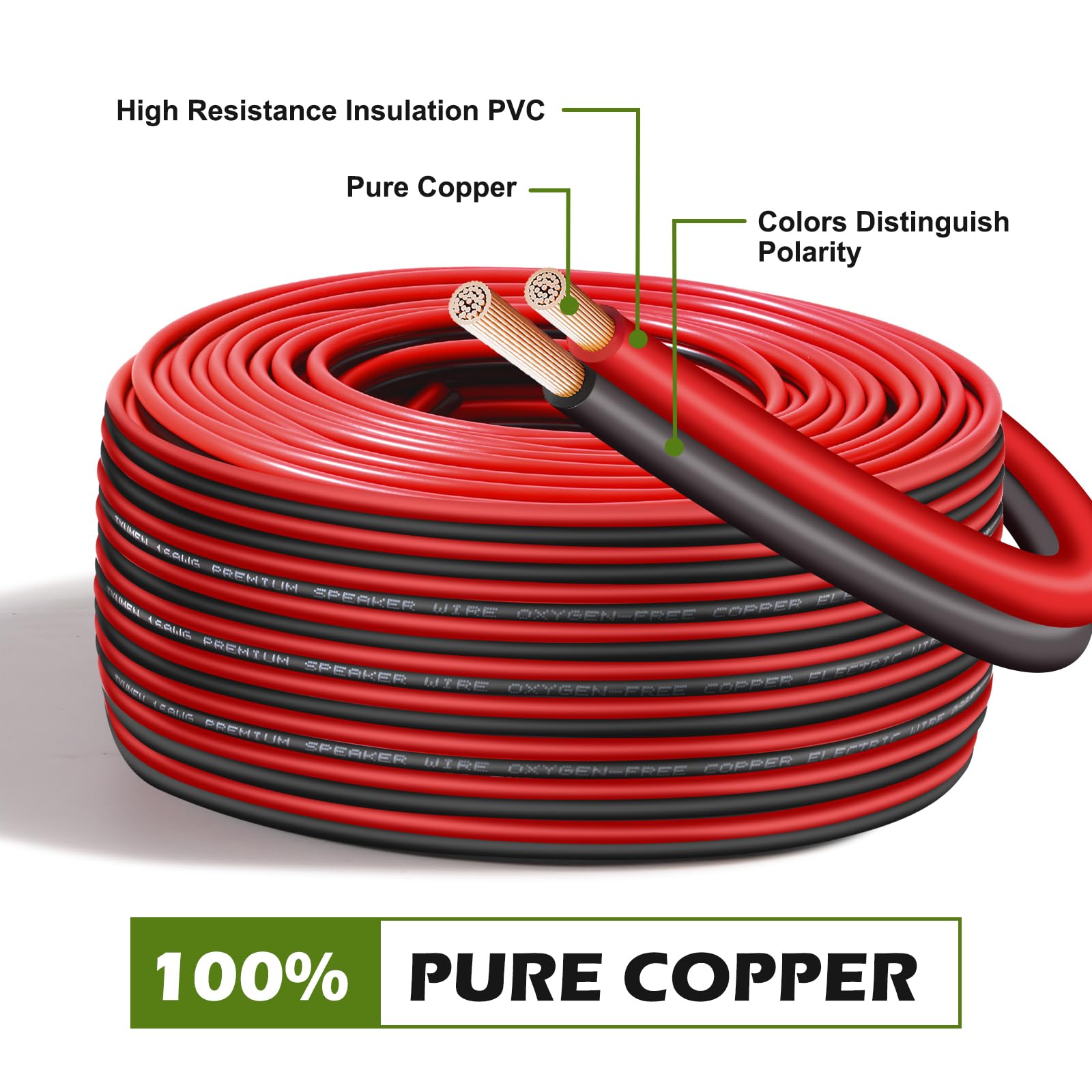 Tyumen 22AWG Electrical Wire, 100FT Pure Copper, 2-Pin Low Voltage Extension Cord, Model TY-1-112, Red Black Color