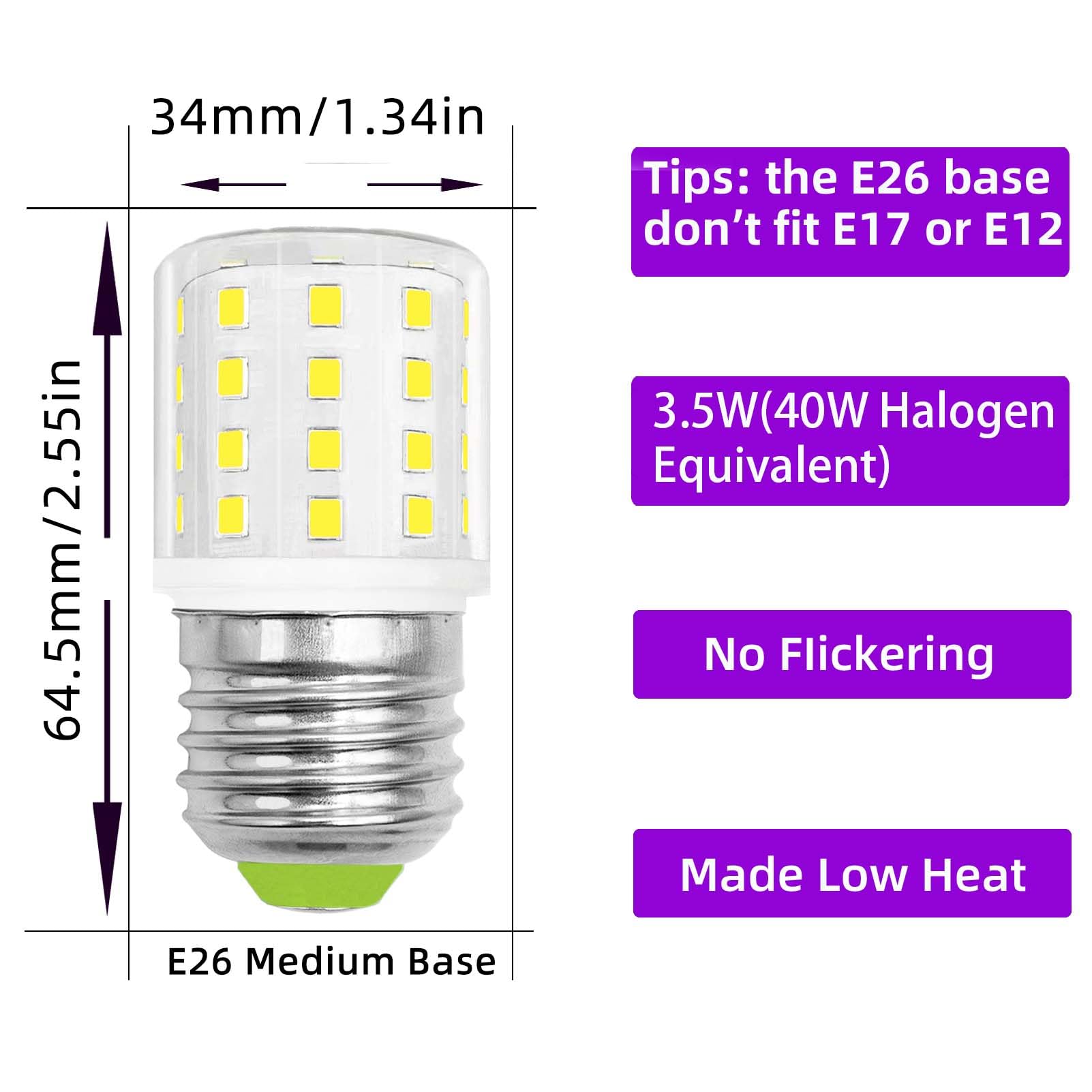 DAPSHU LED Refrigerator Light Bulbs, Daylight White 6000K, 3.5W, Pack of 2, Polycarbonate, Model LGK-E26-52