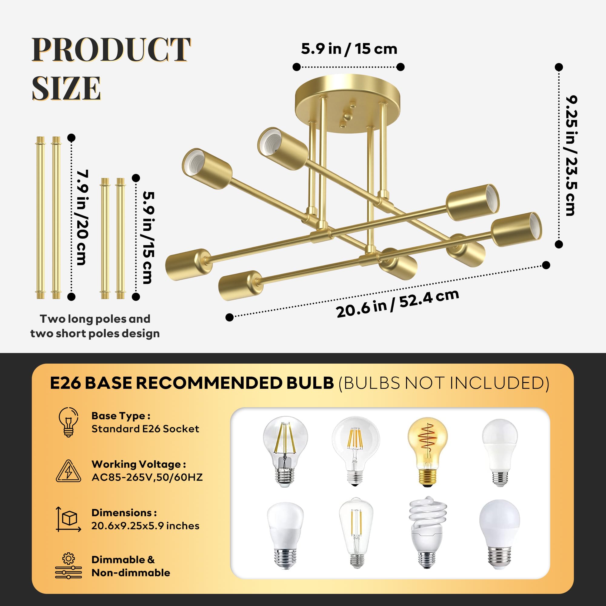 Phaosio Modern Sputnik Chandelier, 8-Light Metal Semi Flush Mount, Gold, Model POSI08