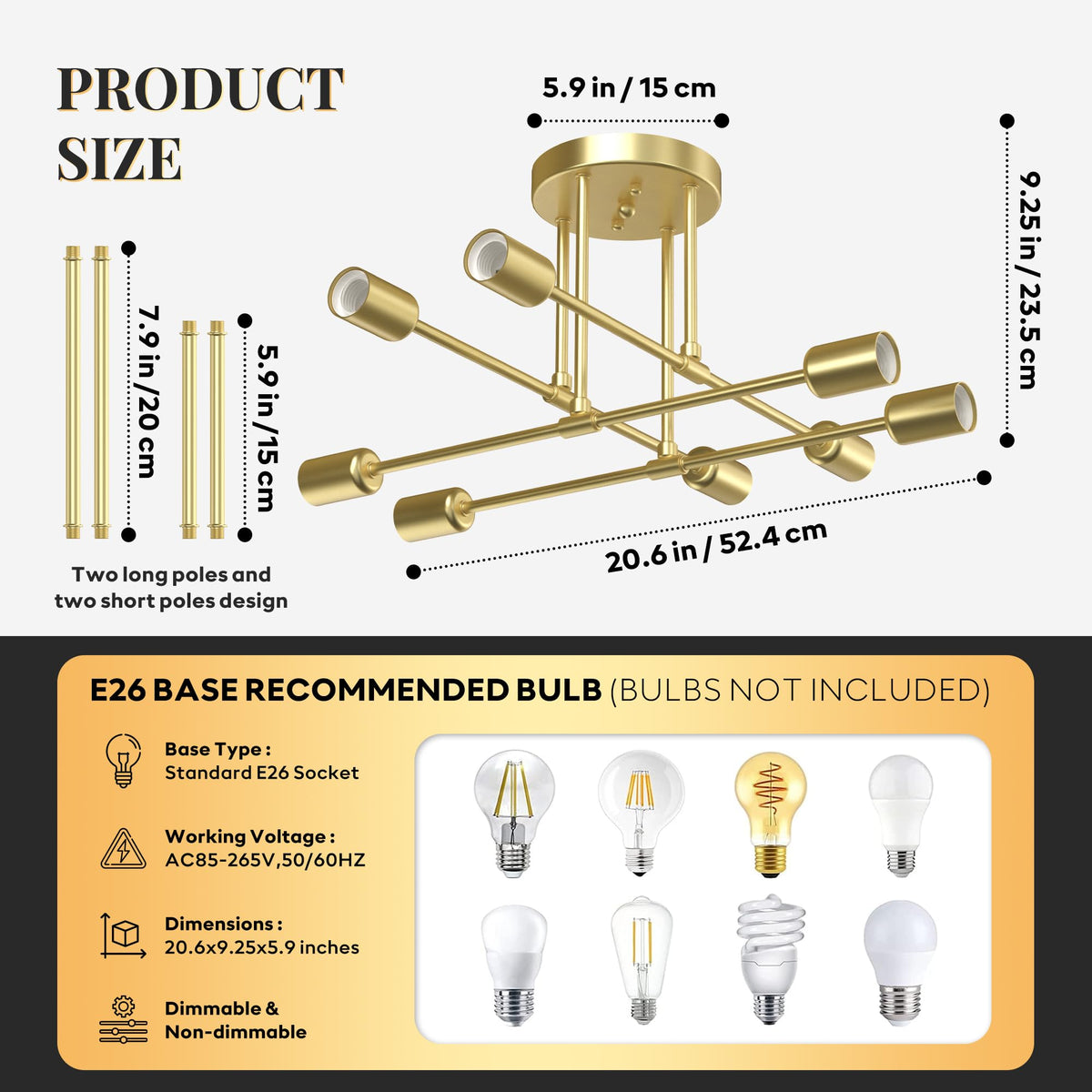 Phaosio Modern Sputnik Chandelier, 8-Light Metal Semi Flush Mount, Gol ...