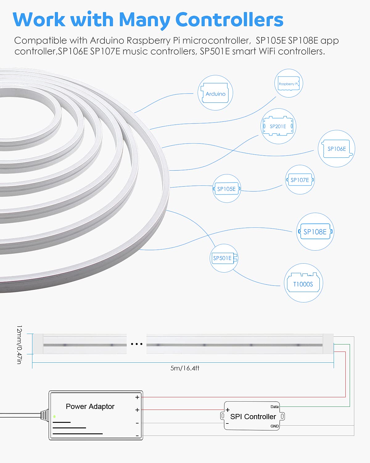 Aclorol LED Neon Rope Lights 16.4FT RGB Dream Color WS2811 Waterproof Flexible Strip for DIY Bedroom Wedding Party - White PCB