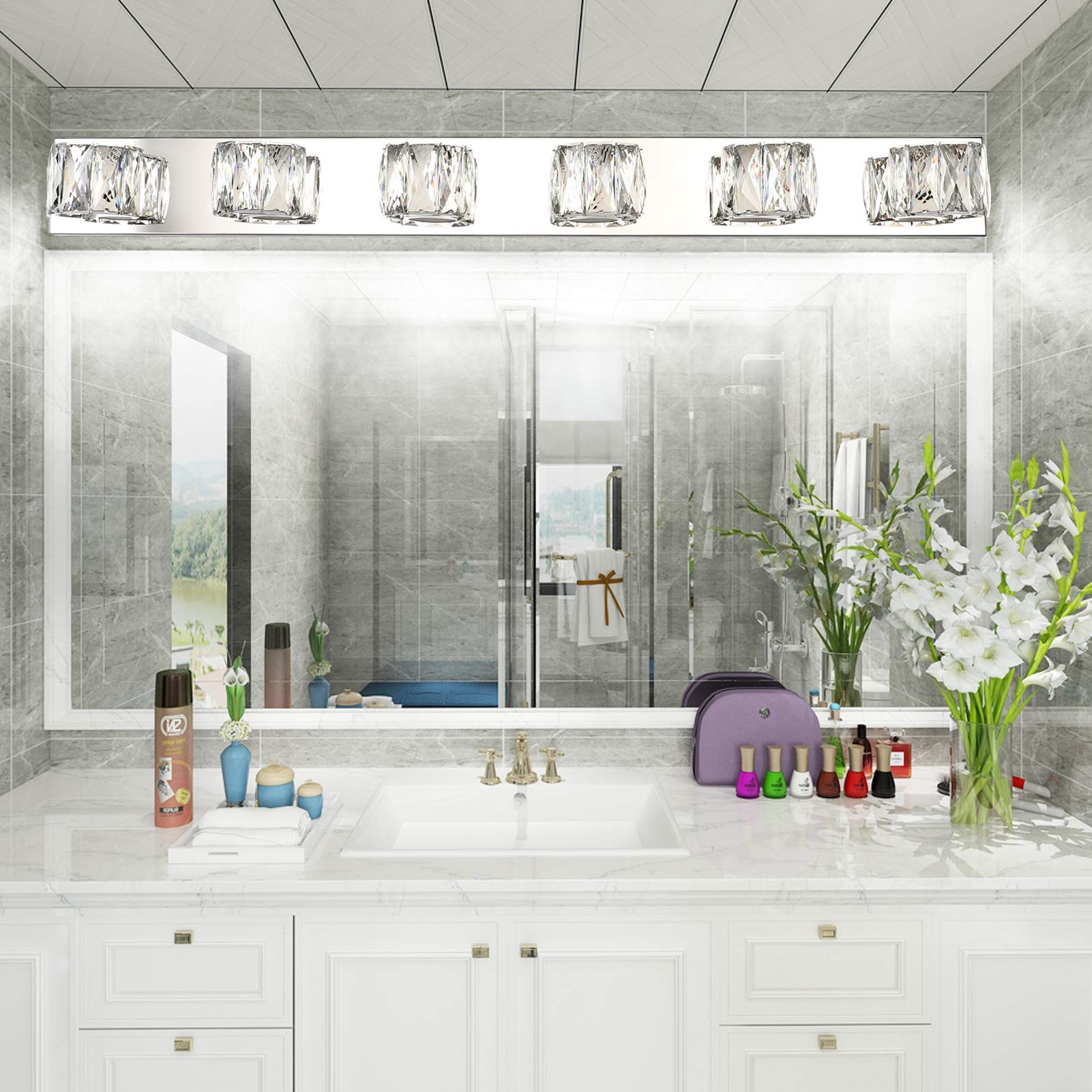 Aipsun 6-Light Crystal Vanity Light Fixture, Modern LED Bathroom Lighting, 41in, White Light 6000K, Model 8271-6T
