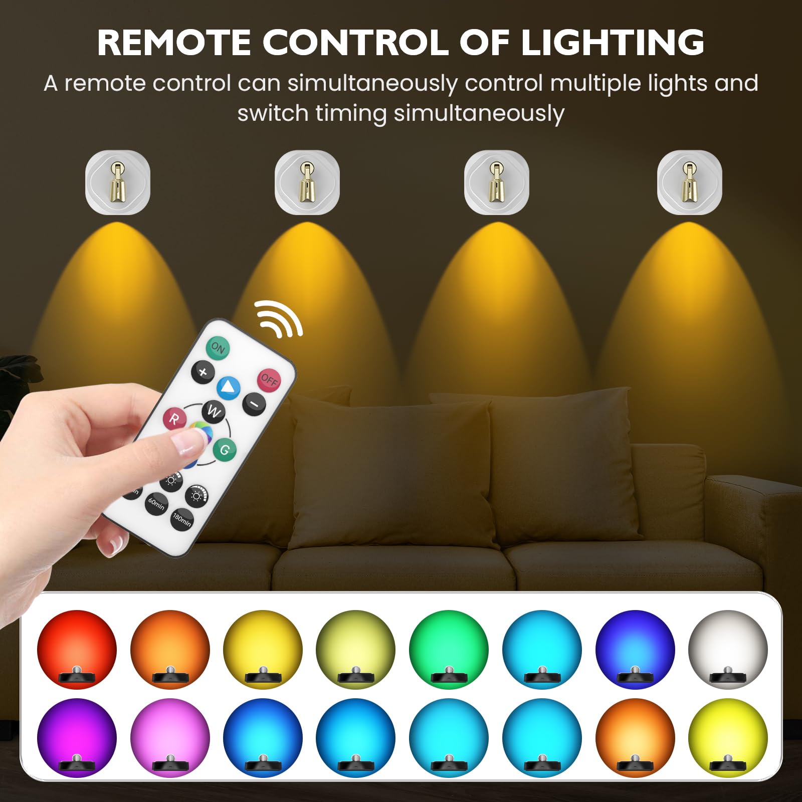 Rgb Wireless Led Indoor Spotlight, Puck Light Art Plant Tree, 16 Color Adjustable Remote Spotlight, Closet Light With Rotatable Lamp Head - White 2 Pack