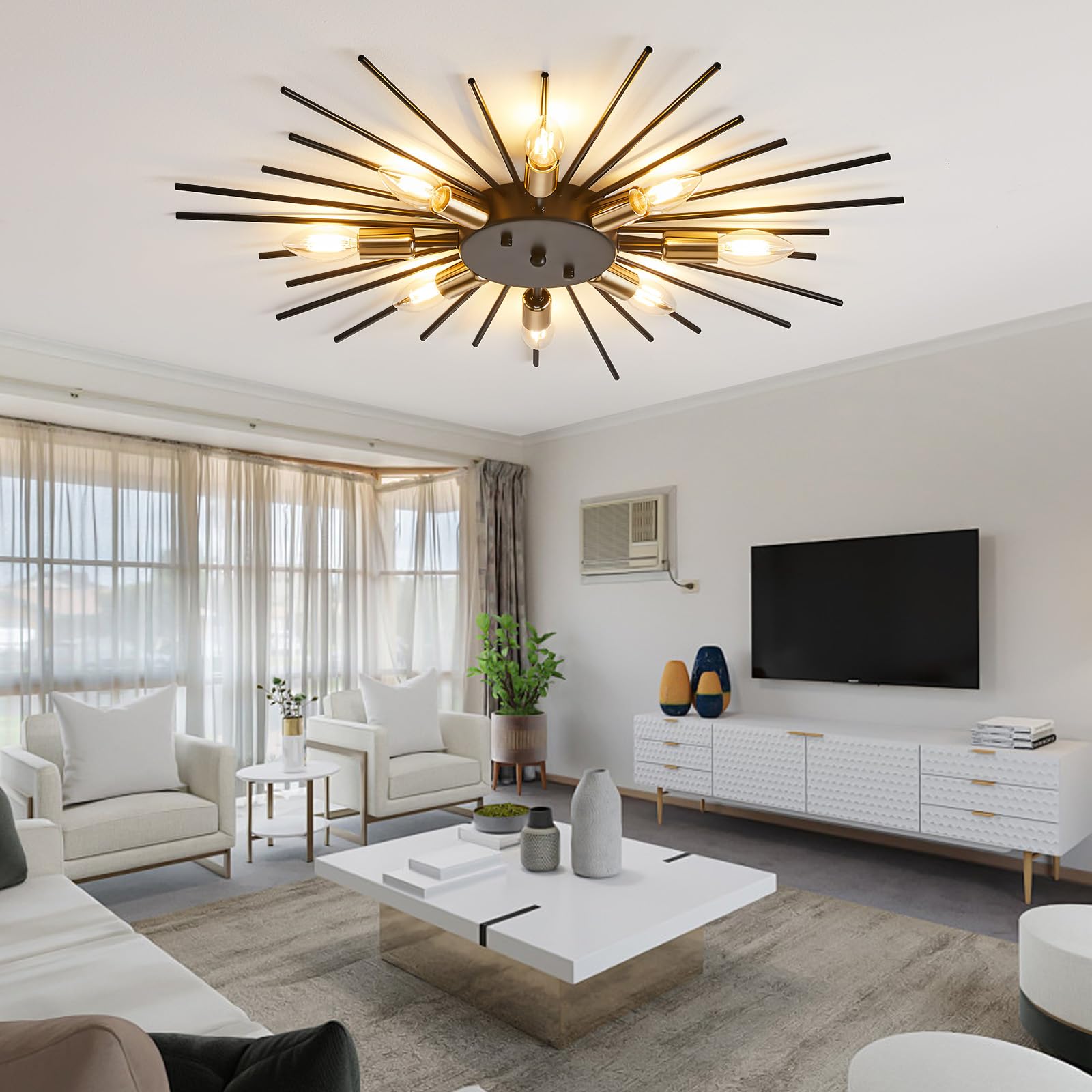 Yunnix Semi Flush Mount Ceiling Ligths 8 Lights Satellite Lights Metal Ceiling Light Gold Modern Ceiling Light Dining Room Light