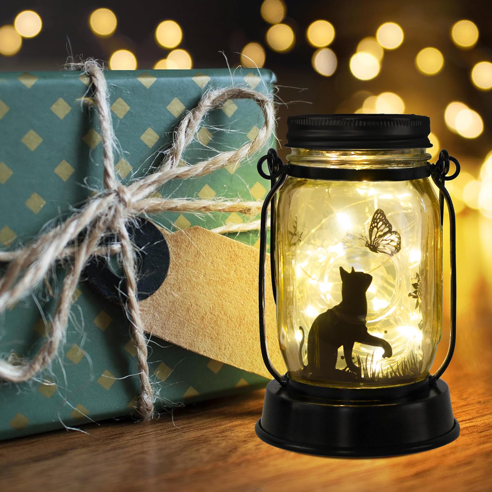 Kyoryuger Cat Butterfly Solar Light Lanterns - Waterproof Metal Hanging Decor for Garden, Halloween Skeleton Design