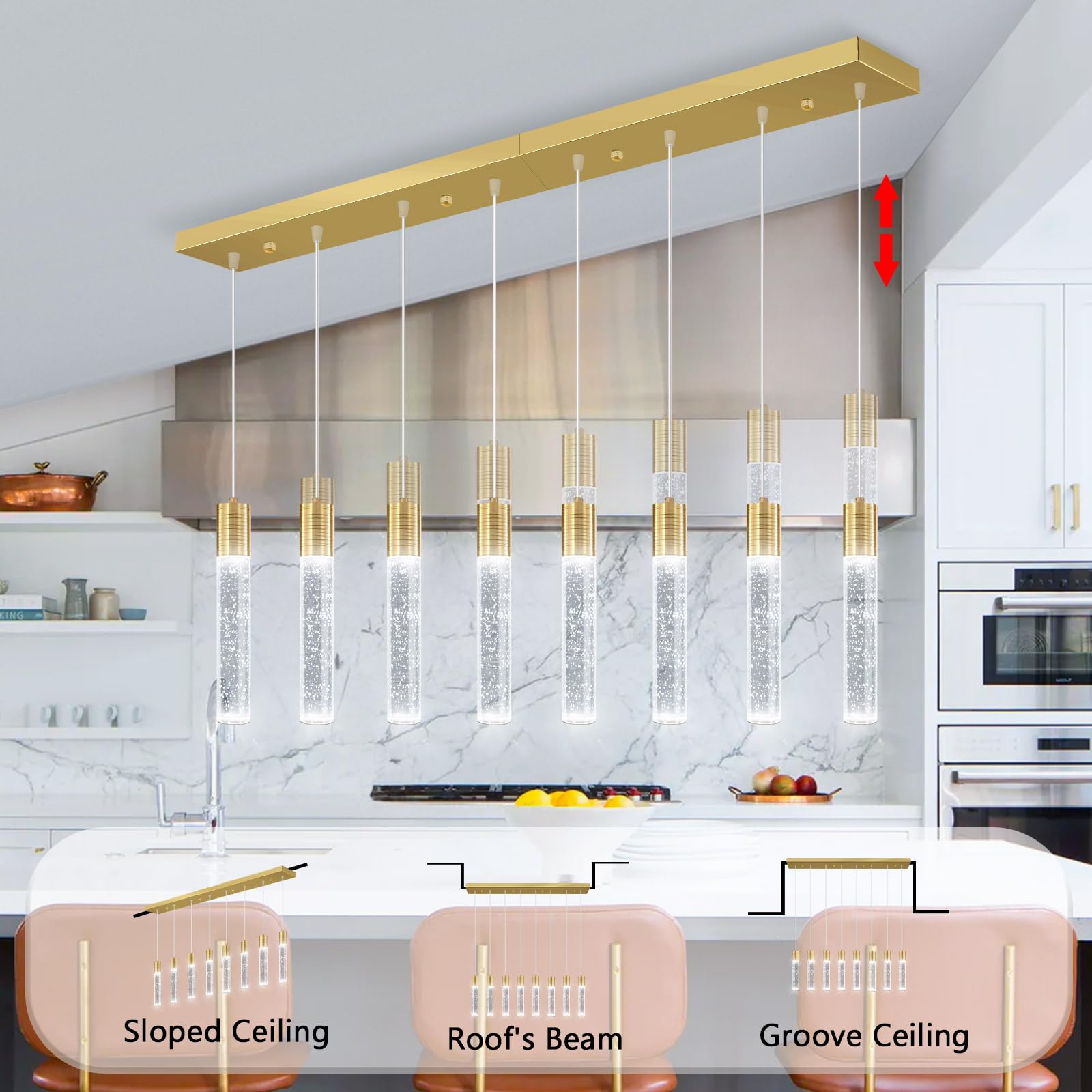 dolria 8-Lights Modern Crystal Chandelier - Metal LED Pendant Light for Kitchen, Dining Room, Hallway - Gold Finish, Model PC0019-CT-8G